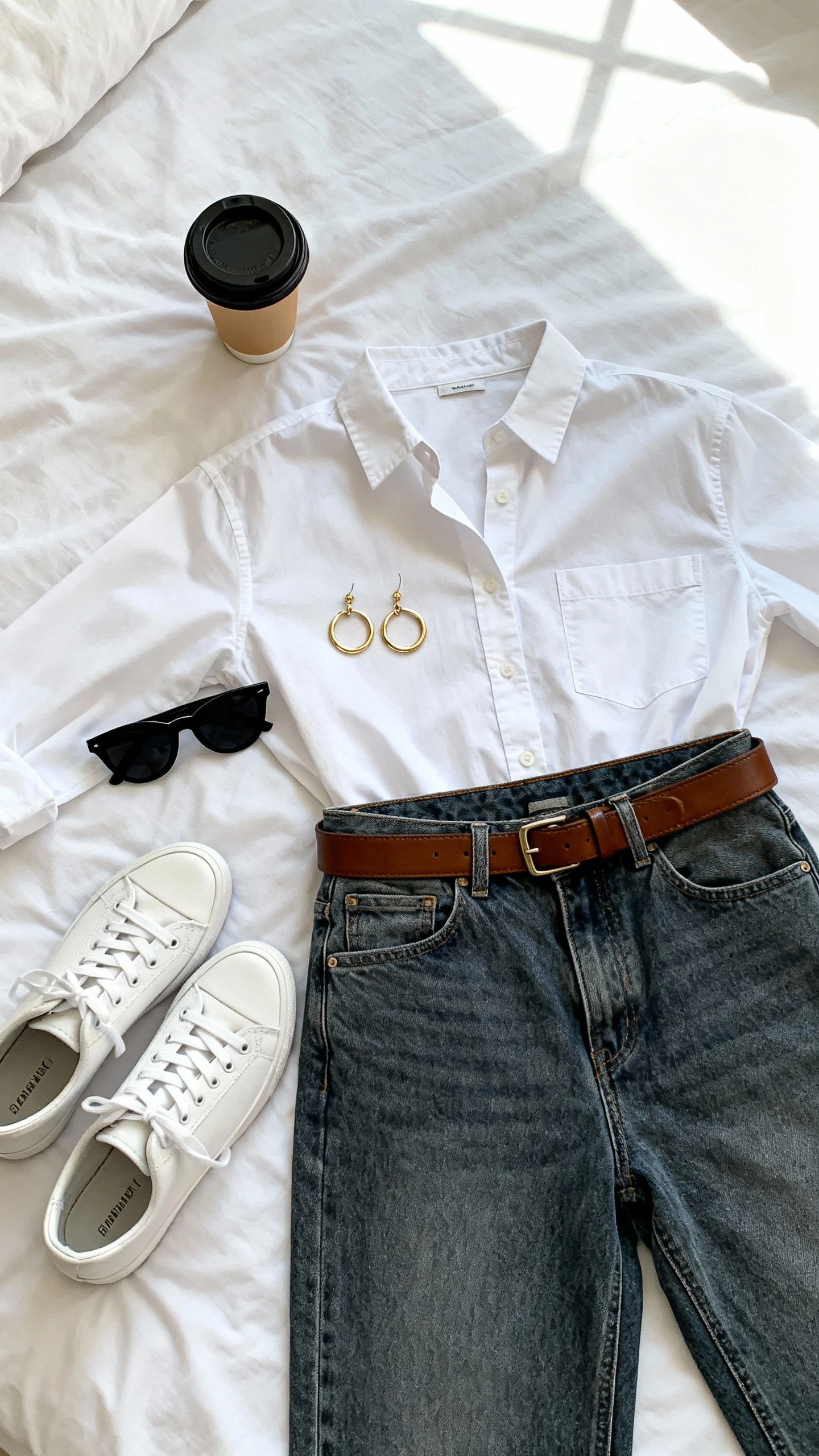 Flat lay overhead view of crisp white button-up shirt with classic mid-wash straight-leg jeans, brown leather belt, white sneakers, black sunglasses, and a simple gold hoop earrings set, on a white bedspread with a takeaway coffee cup as prop, bright natural window light, no person visible, organized composition, iPhone photo aesthetic.