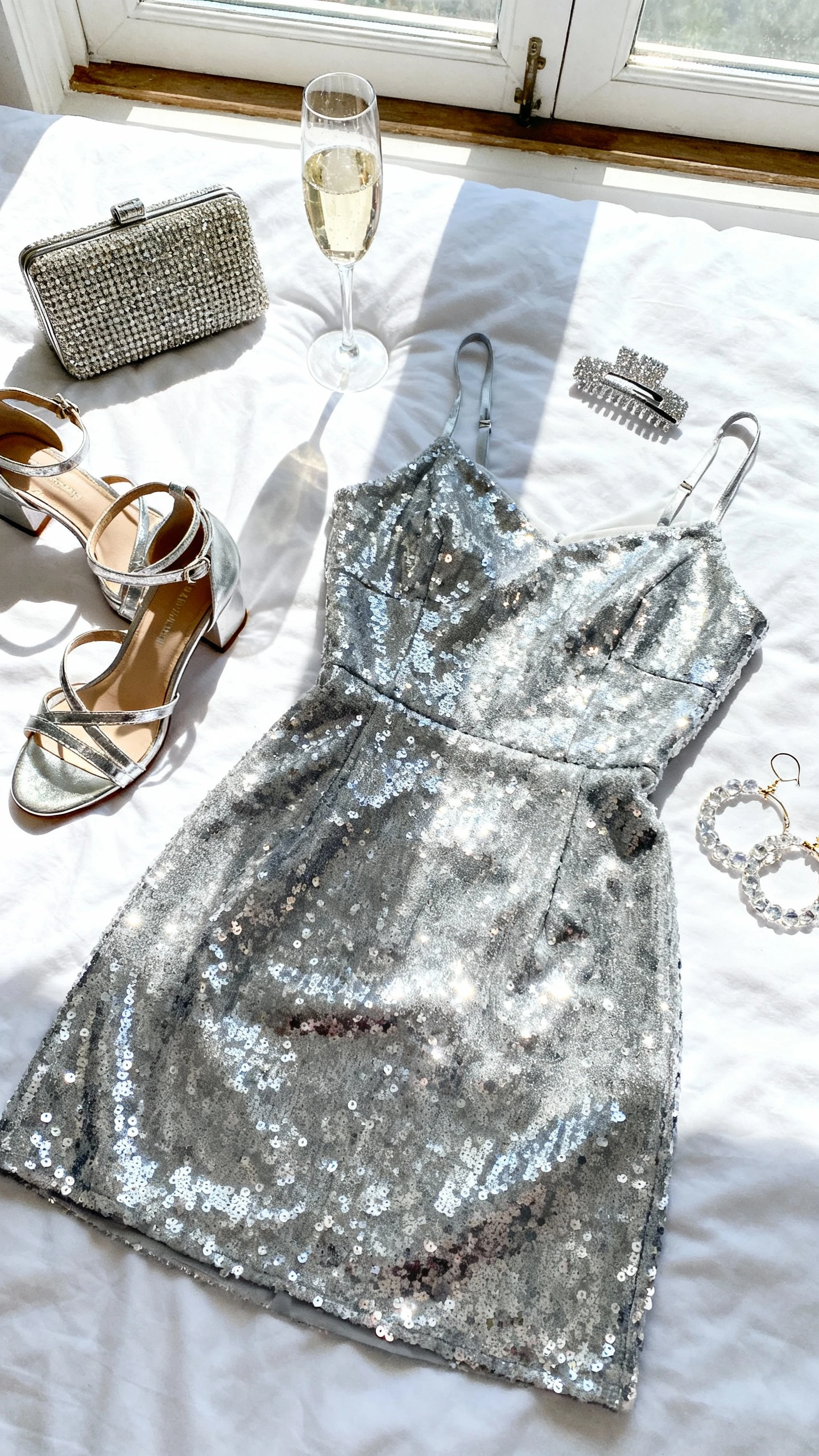 Flat lay overhead view of silver sequin mini dress, metallic strappy heels, rhinestone clutch, crystal hoop earrings, and glittery hair clip arranged on white bedspread; include a champagne flute prop, bright natural window light, no person visible, organized composition, iPhone photo aesthetic.