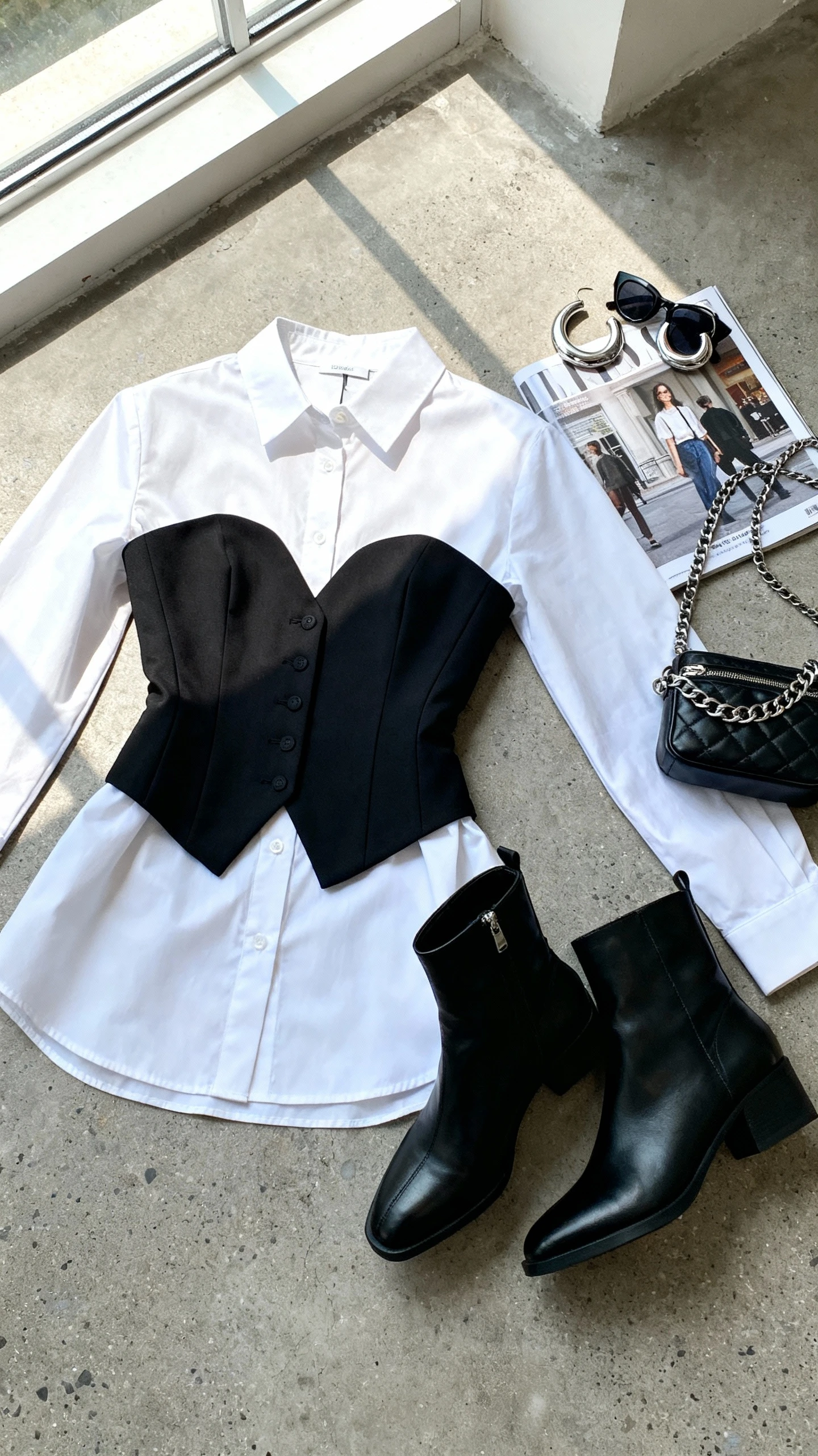 Flat lay overhead view of white button-up shirt cinched with a black corset belt (or layered with a black tailored vest), black ankle boots, chain-detail mini bag, chunky silver hoops, and fashion sunglasses, on a concrete-look surface with a street-style magazine as prop, bright natural window light, no person visible, organized composition, iPhone photo aesthetic.