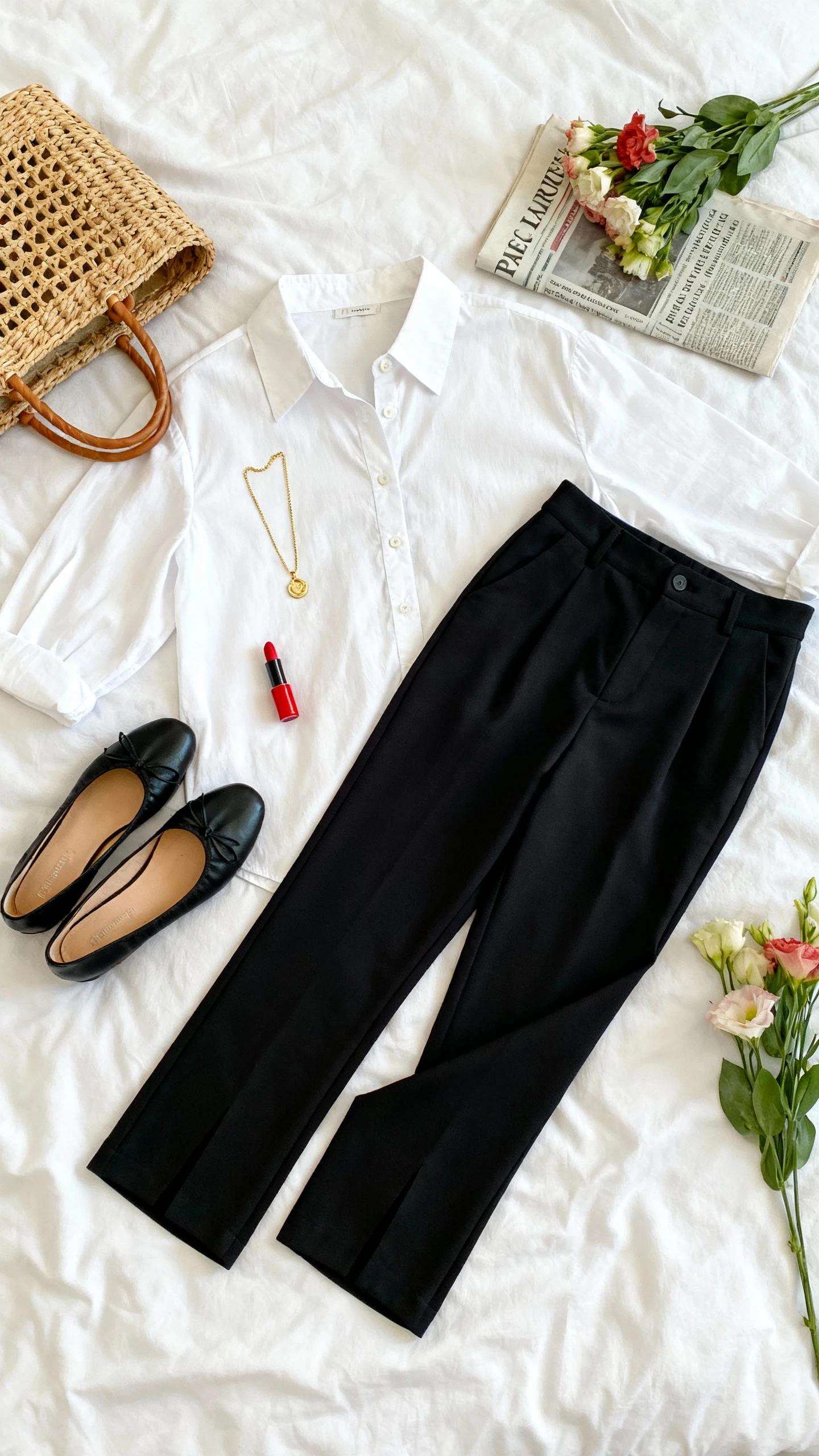 Flat lay top-down of white button-up shirt with black cigarette pants, black ballet flats, red lip balm, delicate gold necklace, and a woven basket bag, styled on a white bed with a folded French newspaper and fresh flowers as props, bright natural light, no person visible, organized composition, iPhone photo aesthetic.