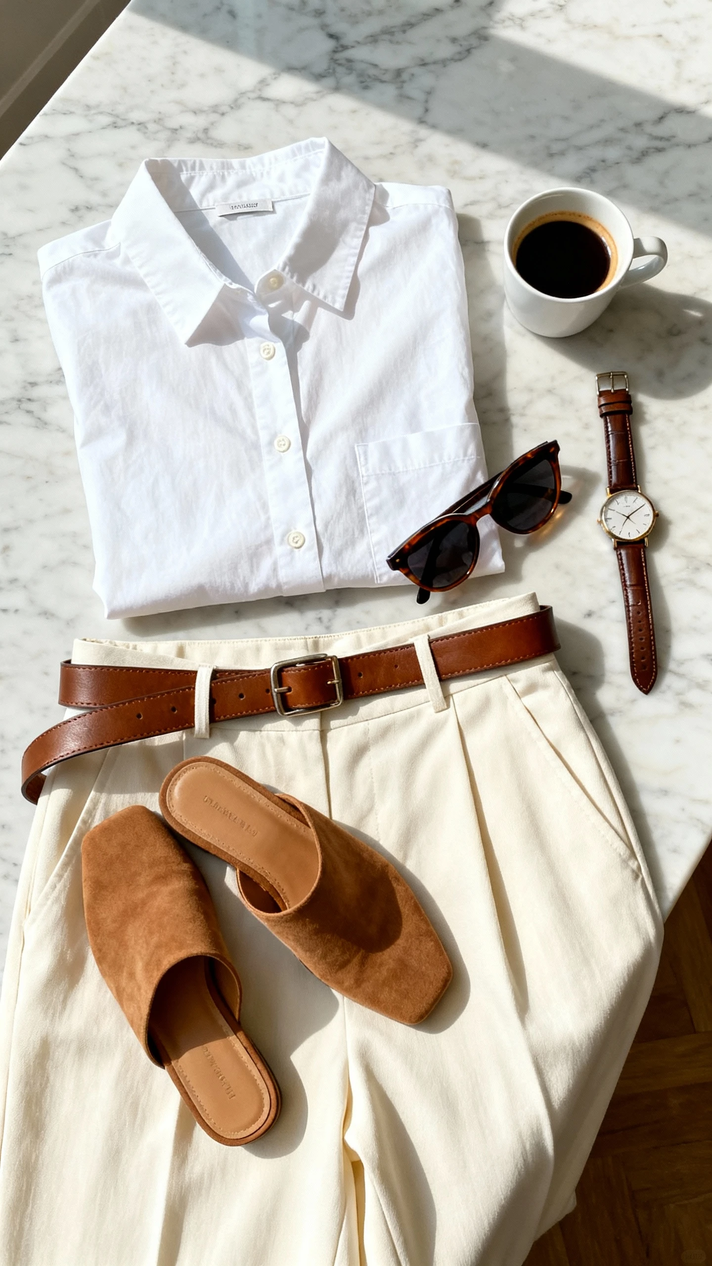 Flat lay top-down of white button-up shirt with cream wide-leg trousers, relaxed brown leather belt, tan mules, oversized sunnies, and a classic leather watch, arranged on a marble countertop with an espresso cup as prop, bright natural light, no person visible, organized composition, iPhone photo aesthetic.