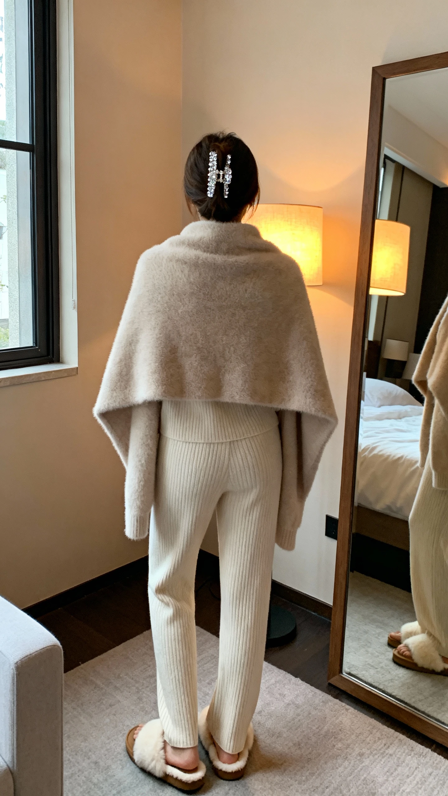 iPhone back view of a woman in cozy-luxe loungewear: soft matching knit set, shearling-lined slippers, sparkly hair clip, and a plush cardigan draped over shoulders, face not visible, full-length mirror in bedroom, warm lamp light with window glow, iPhone photo quality.