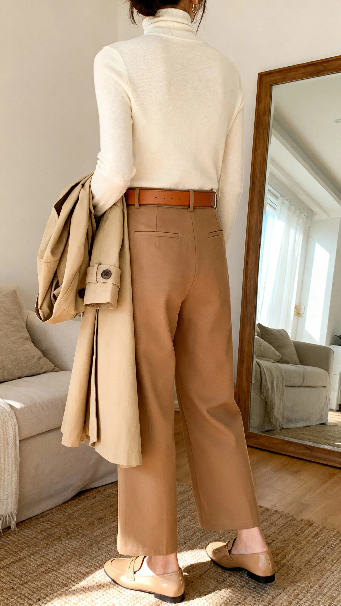 iPhone back view of a woman in head-to-toe neutrals: cream turtleneck, tan wide-leg trousers, camel belt, beige trench draped over arm, and sand-toned loafers, face not visible, living room mirror, soft morning light, iPhone photo quality