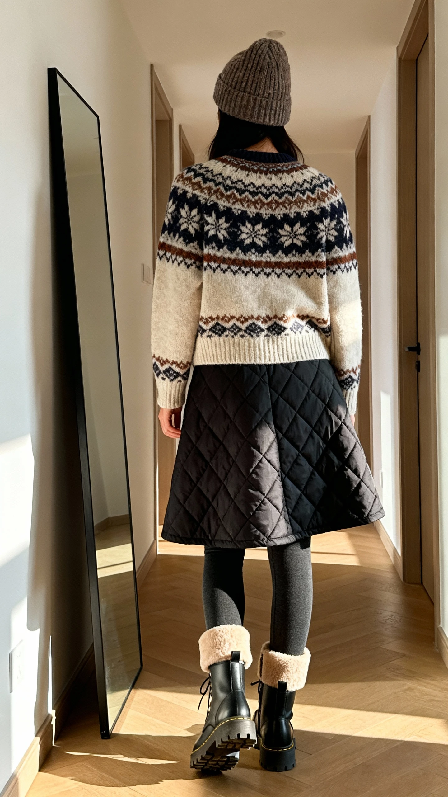 iPhone back view of a woman wearing a classic Fair Isle sweater in winter tones with a black quilted A-line skirt, fleece-lined tights, lug-sole ankle boots, knit beanie, face not visible, hallway full-length mirror, soft afternoon light, iPhone photo quality
