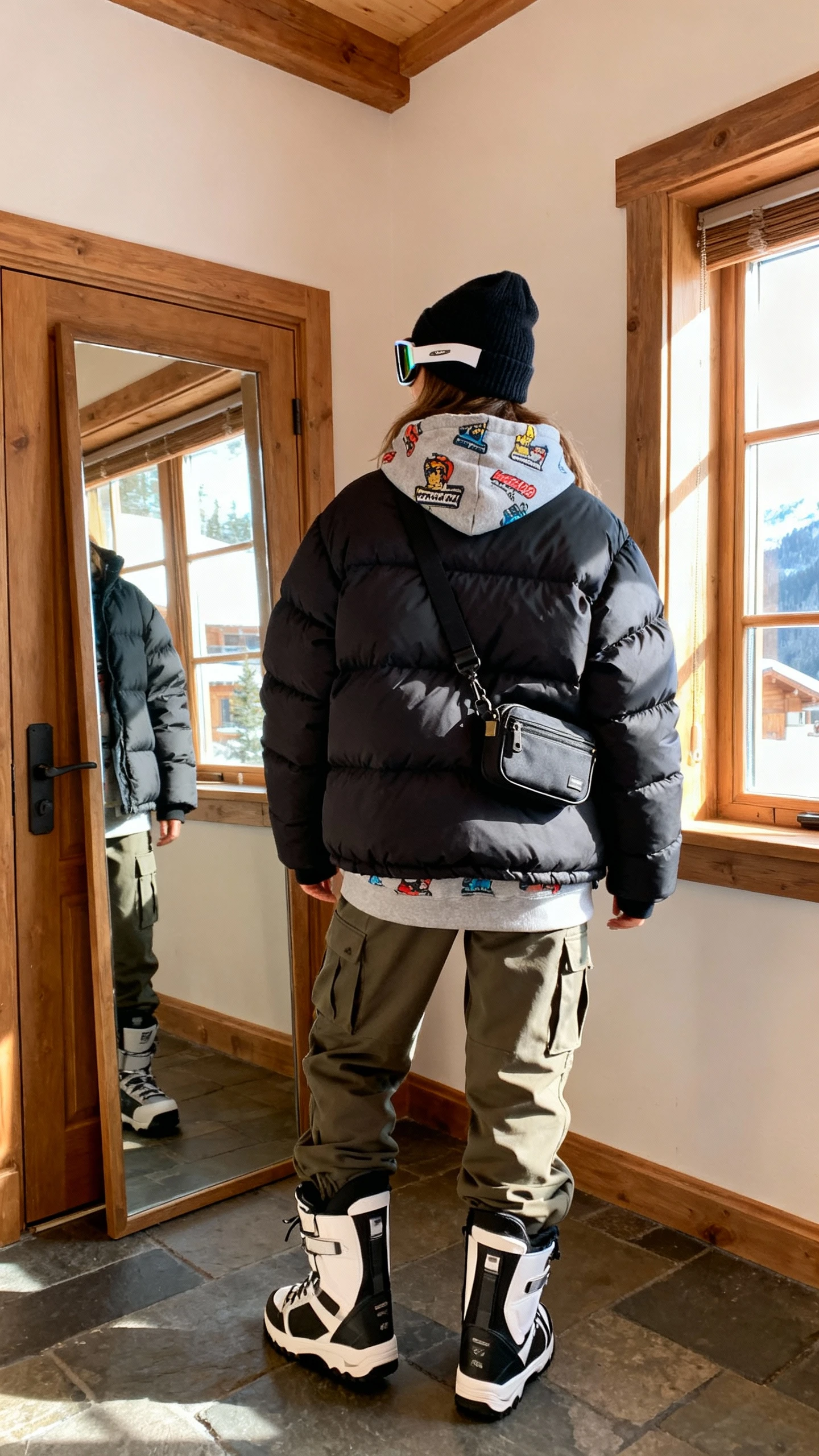 iPhone back view of a woman wearing ski-town streetwear: oversized puffer, graphic hoodie, cargo joggers, chunky sneakers, beanie, mini belt bag crossbody, and sporty sunglasses; face not visible, full-length mirror by the door, daylight from window, iPhone photo quality.