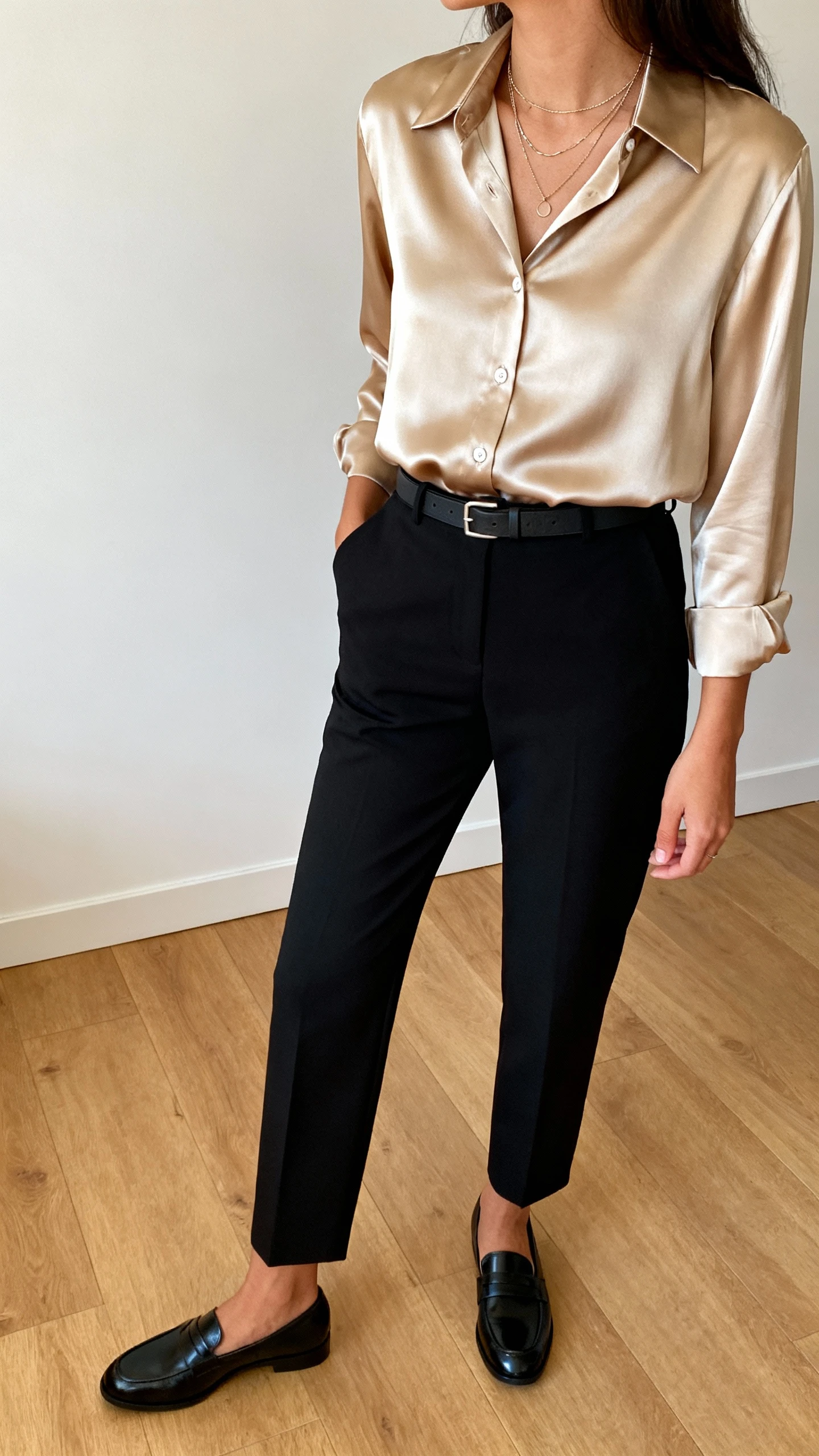 iPhone bathroom mirror selfie of a woman in a glossy satin button-down shirt (silky champagne) tucked into tailored black trousers with sleek loafers, layered delicate necklaces and a minimalist leather belt, face not visible, side angle, warm indoor lighting, iPhone photo quality.