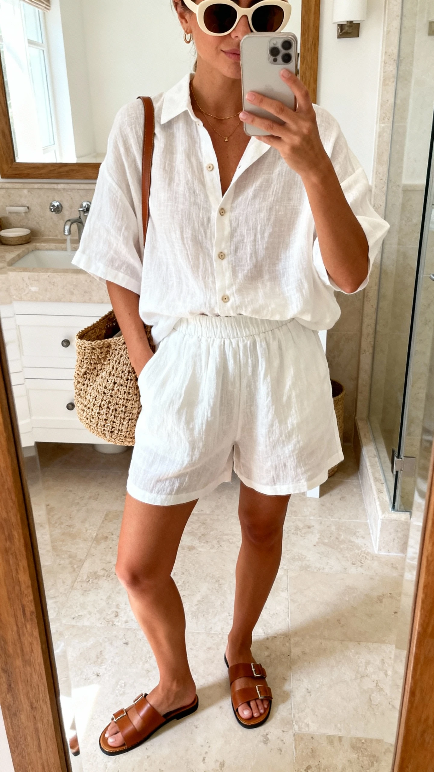 iPhone mirror selfie of a woman in a breezy white linen two-piece set (boxy short-sleeve button-up and matching high-waist shorts) with leather slide sandals, woven tote, and oversized sunglasses, face not visible, bathroom mirror, soft morning light, iPhone photo quality.