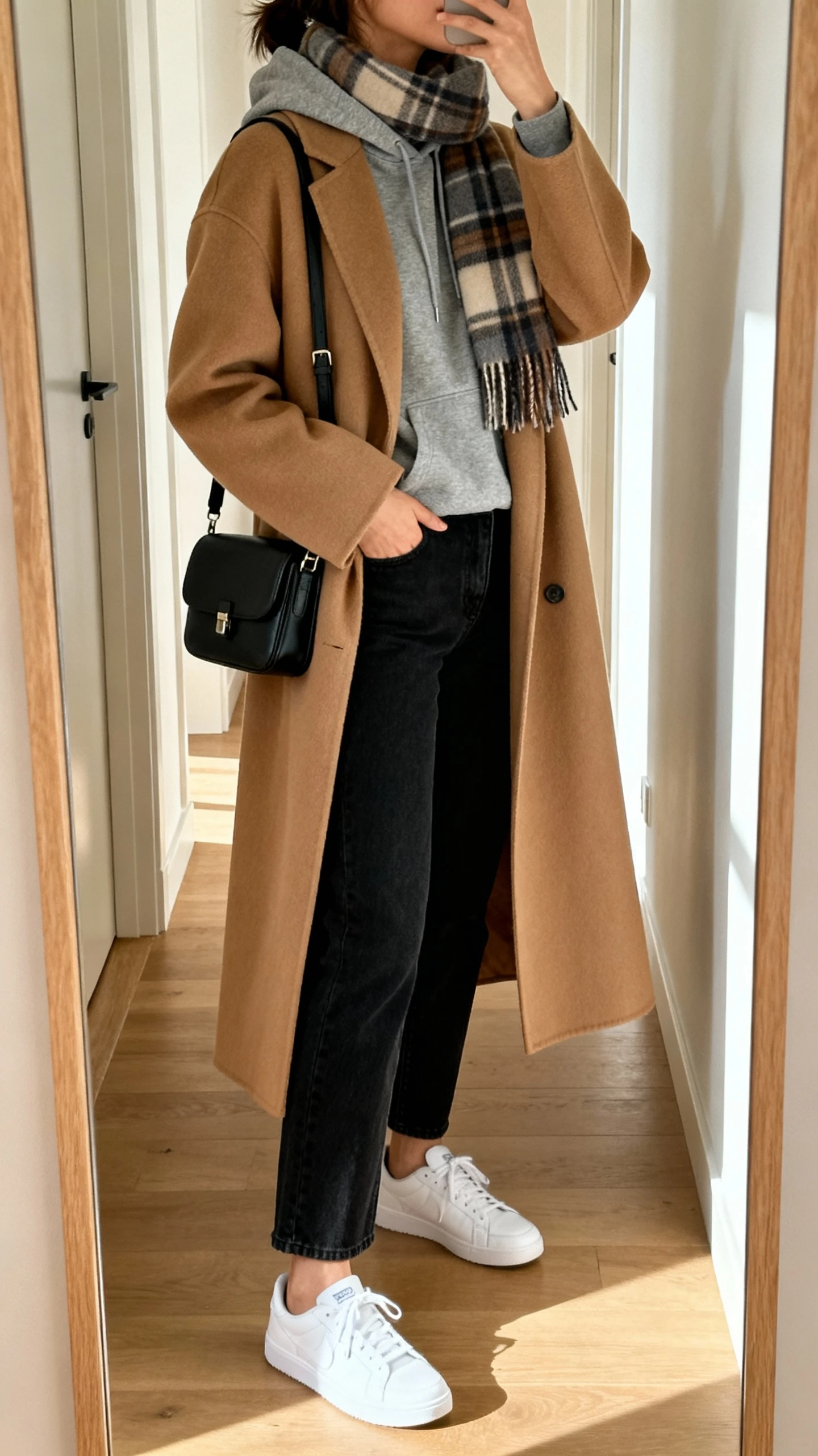 iPhone mirror selfie of a woman in a city-break look: long camel coat layered over a gray hoodie, black straight-leg jeans, white sneakers, black crossbody bag, and a plaid scarf; face not visible, side angle in a hallway full-length mirror, indoor morning light, iPhone photo quality.