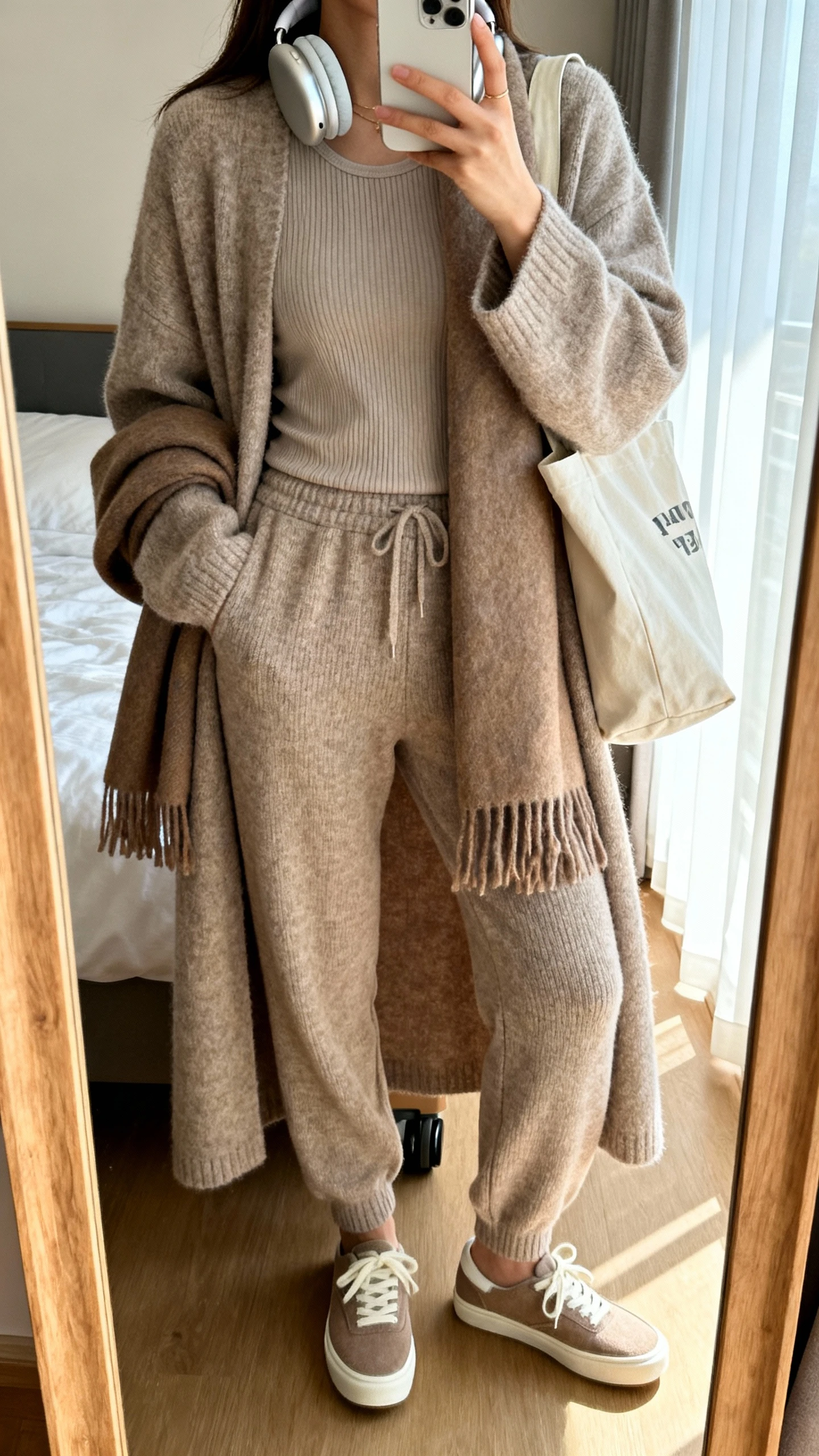 iPhone mirror selfie of a woman in a cozy travel-day uniform: oversized cardigan, soft matching knit joggers, fitted ribbed tee, slip-on sneakers, big scarf, tote bag, and noise-canceling headphones around neck; face not visible, cropped at shoulders, bedroom mirror, morning window light, iPhone photo quality.