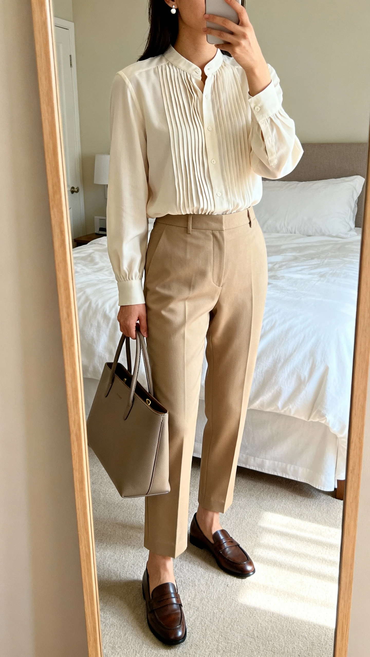 iPhone mirror selfie of a woman in a pleated-front blouse tucked into tailored beige trousers with classic loafers, structured tote and understated stud earrings for quiet-luxury chic, face not visible, cropped at neck, bedroom mirror, soft morning light, iPhone photo quality.