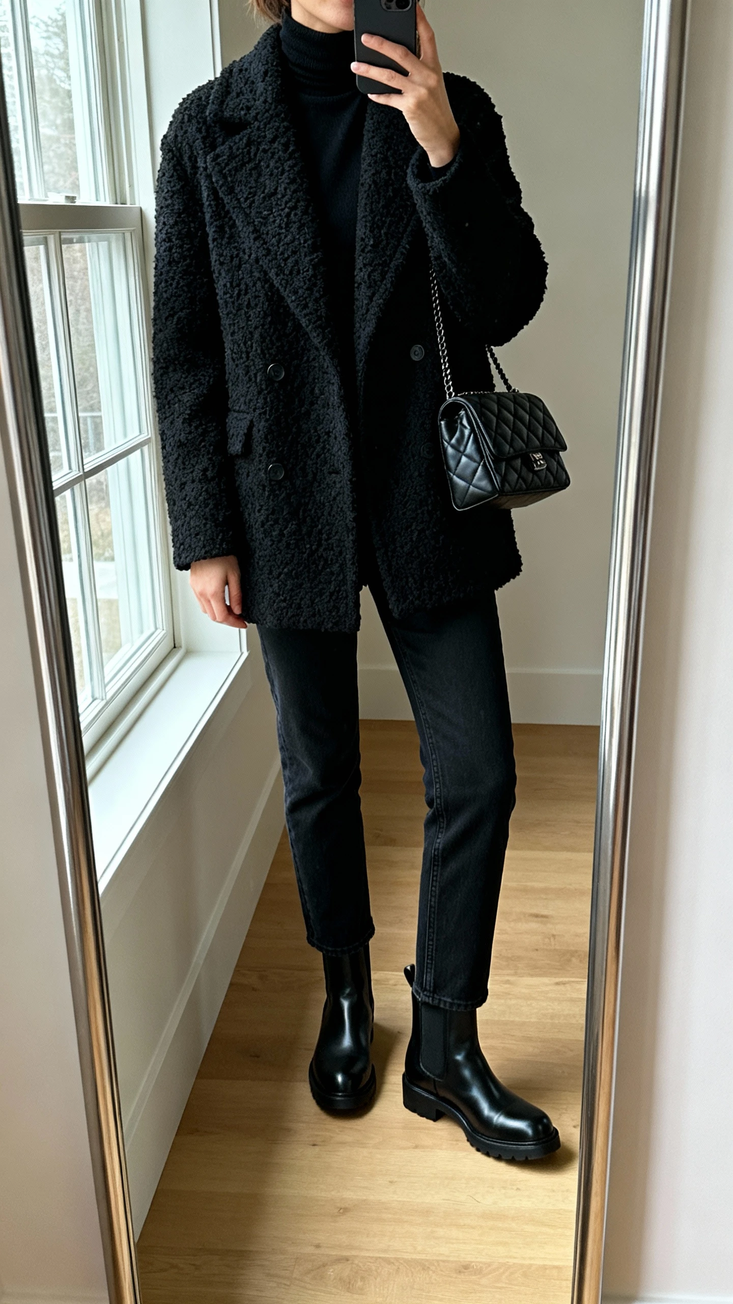 iPhone mirror selfie of a woman in an all-black look: black turtleneck, black textured wool coat, black straight-leg jeans, black leather Chelsea boots, black quilted shoulder bag, face not visible, cropped at neck, full-length mirror, natural window light, iPhone photo quality