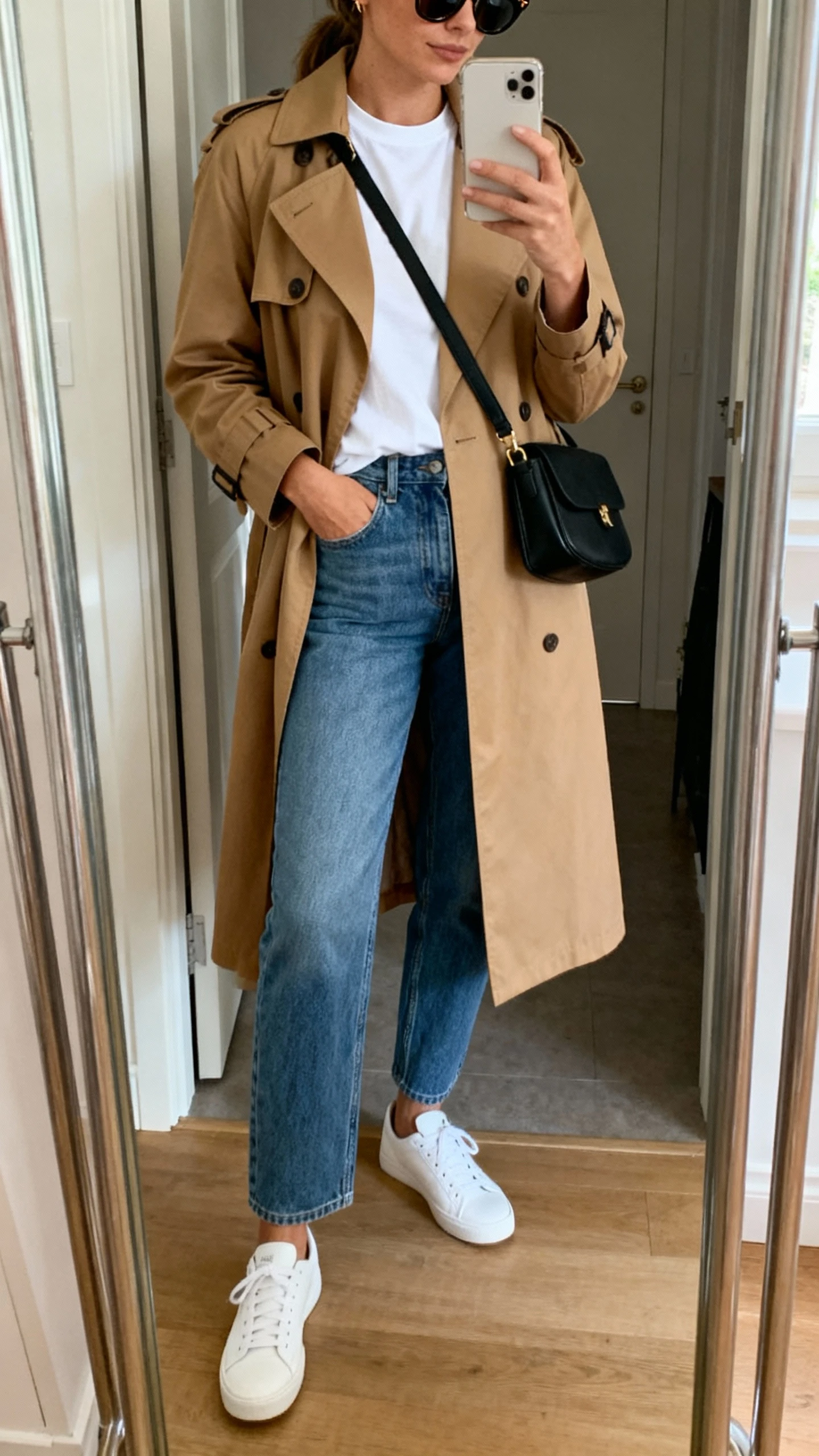 iPhone mirror selfie of a woman wearing a classic camel trench over a white crewneck tee, straight-leg blue jeans, white low-top sneakers, black crossbody bag, sunglasses perched on head, face not visible, cropped at neck, entryway mirror with diffused daylight, iPhone photo quality.