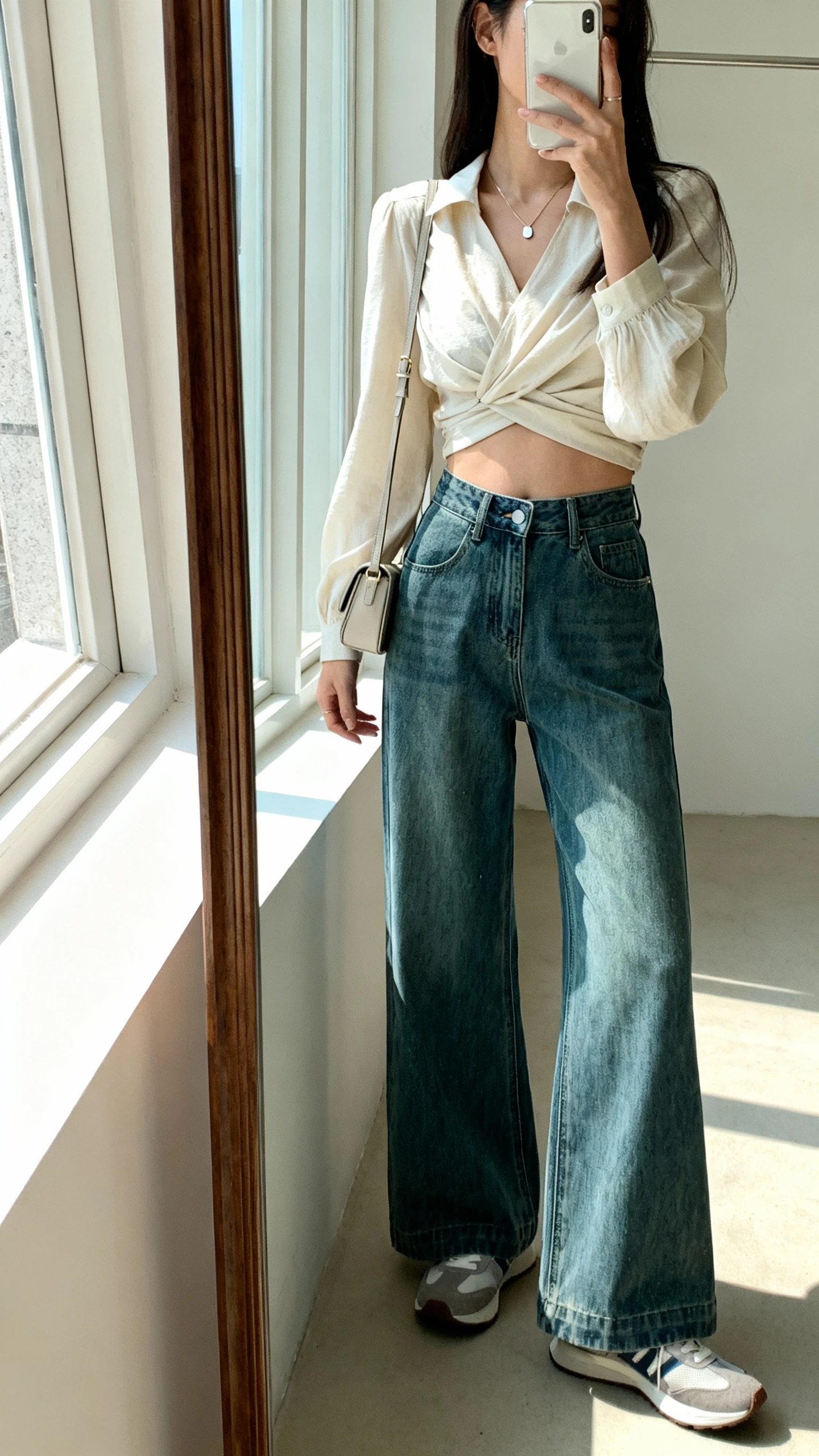 iPhone mirror selfie of a woman wearing a cropped wrap blouse styled with high-waisted wide-leg jeans to nail proportions, low-top sneakers, minimal pendant necklace, and a mini shoulder bag, face not visible, side angle, full-length mirror, bright window light, iPhone photo quality.
