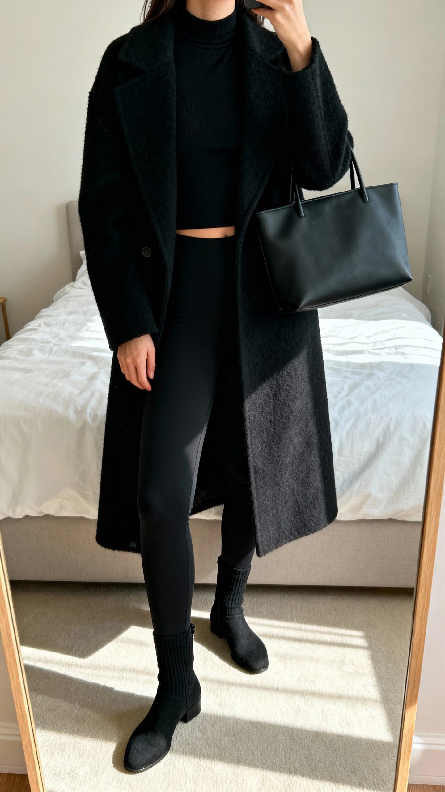 iPhone mirror selfie of a woman wearing an all-black look: black leggings, black fitted mock-neck top, black long wool coat, black sock boots, and a minimal black tote, face not visible, cropped at neck, bedroom mirror with soft natural light, iPhone photo quality.