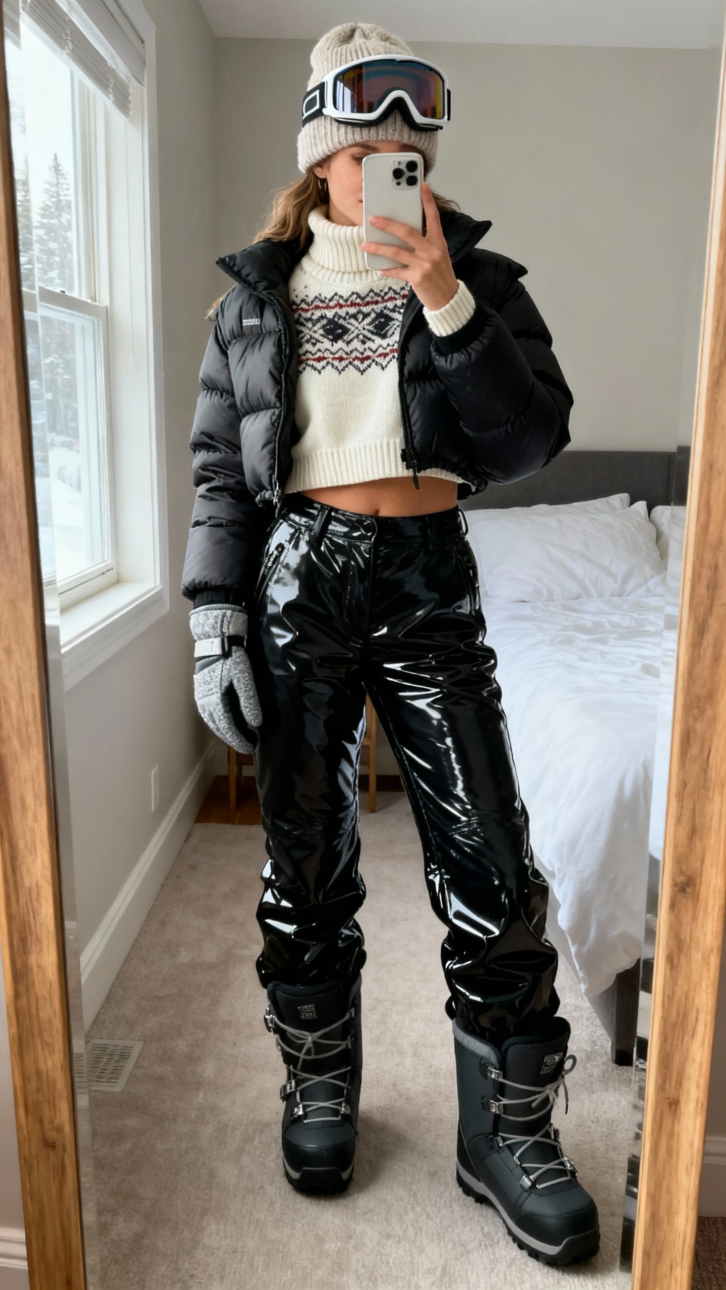 iPhone mirror selfie of a woman wearing an alpine-chic après-ski set: glossy black ski pants, cream Fair Isle turtleneck sweater, cropped puffer jacket, chunky après-ski boots, wool beanie, sporty ski goggles on head, and thermal gloves; face not visible, cropped at neck, bedroom mirror, natural window light, iPhone photo quality.