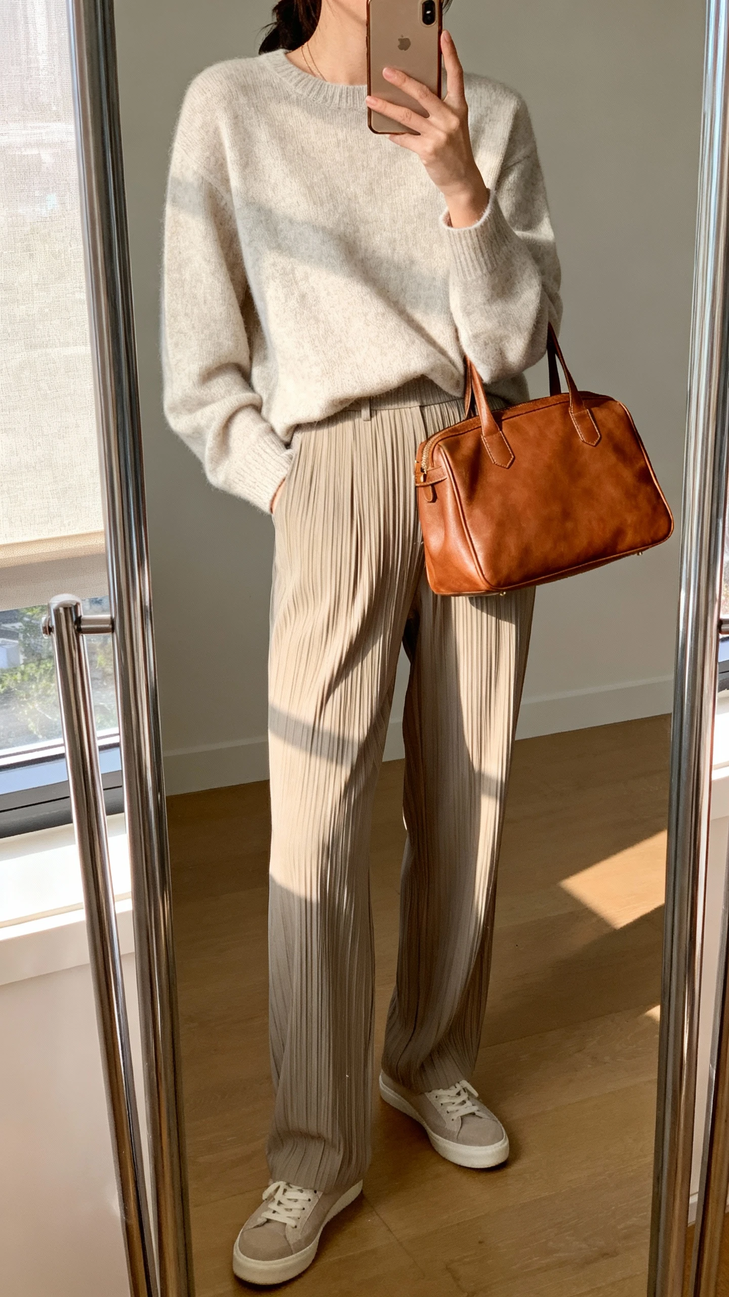 iPhone mirror selfie of a woman wearing an elevated soft sweater tucked into pleated trousers with minimalist sneakers and a leather tote, face not visible, cropped at neck, full-length mirror by window, morning light, iPhone photo quality.