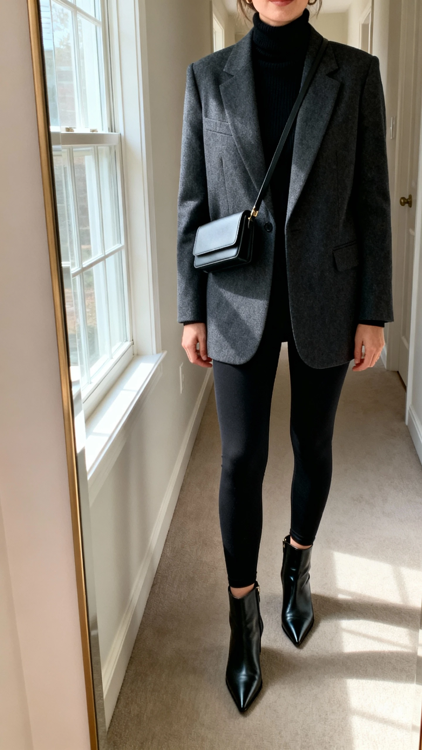 iPhone mirror selfie of a woman wearing black leggings, a tailored charcoal blazer over a black turtleneck, pointed ankle boots, and a slim crossbody bag, face not visible, cropped at shoulders, hallway full-length mirror with natural window light, iPhone photo quality.