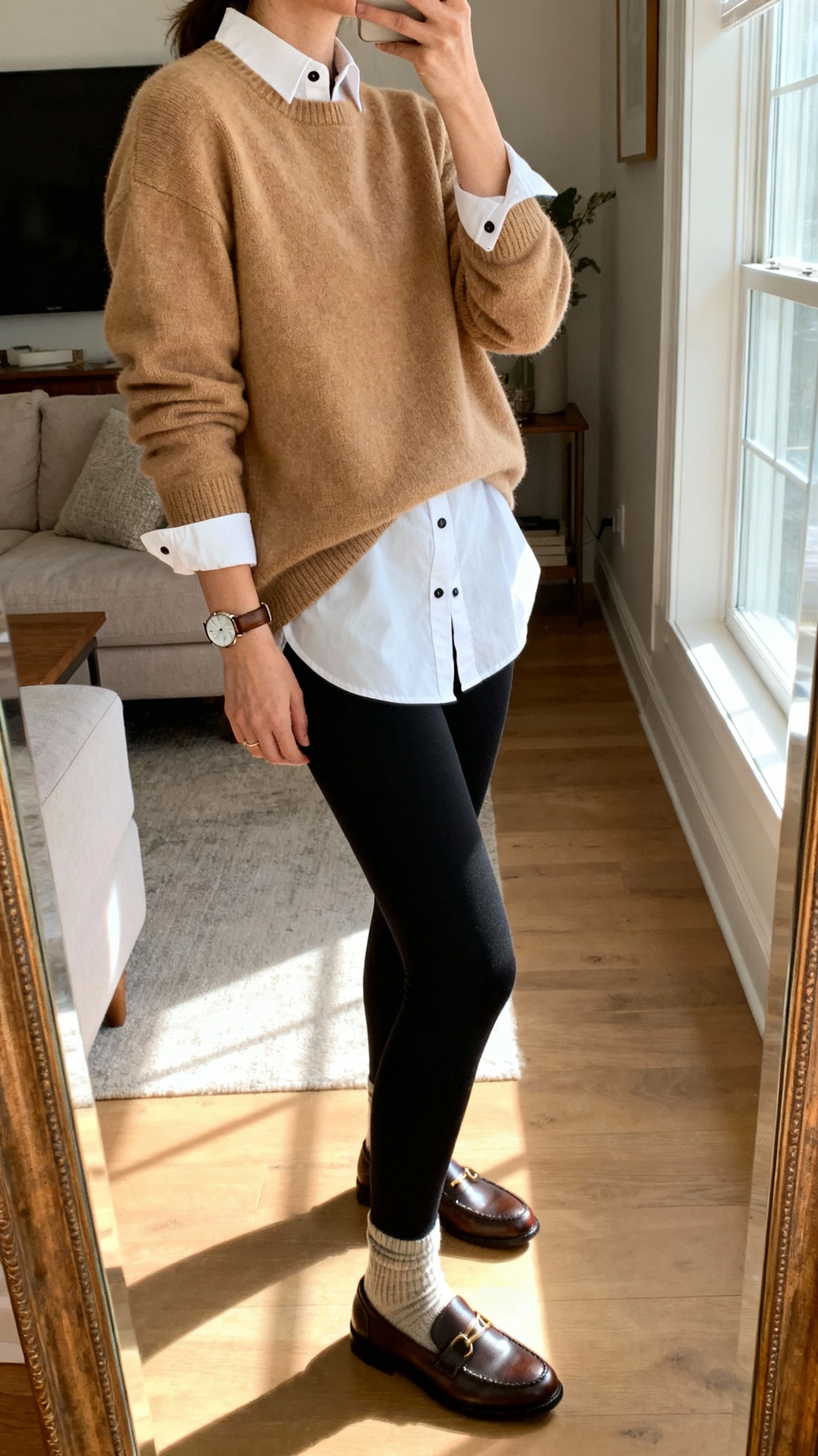iPhone mirror selfie of a woman wearing black leggings, a crisp white button-up layered under a camel crewneck sweater, loafers with socks, and a simple leather watch, face not visible, side angle, living room mirror with morning window light, iPhone photo quality.