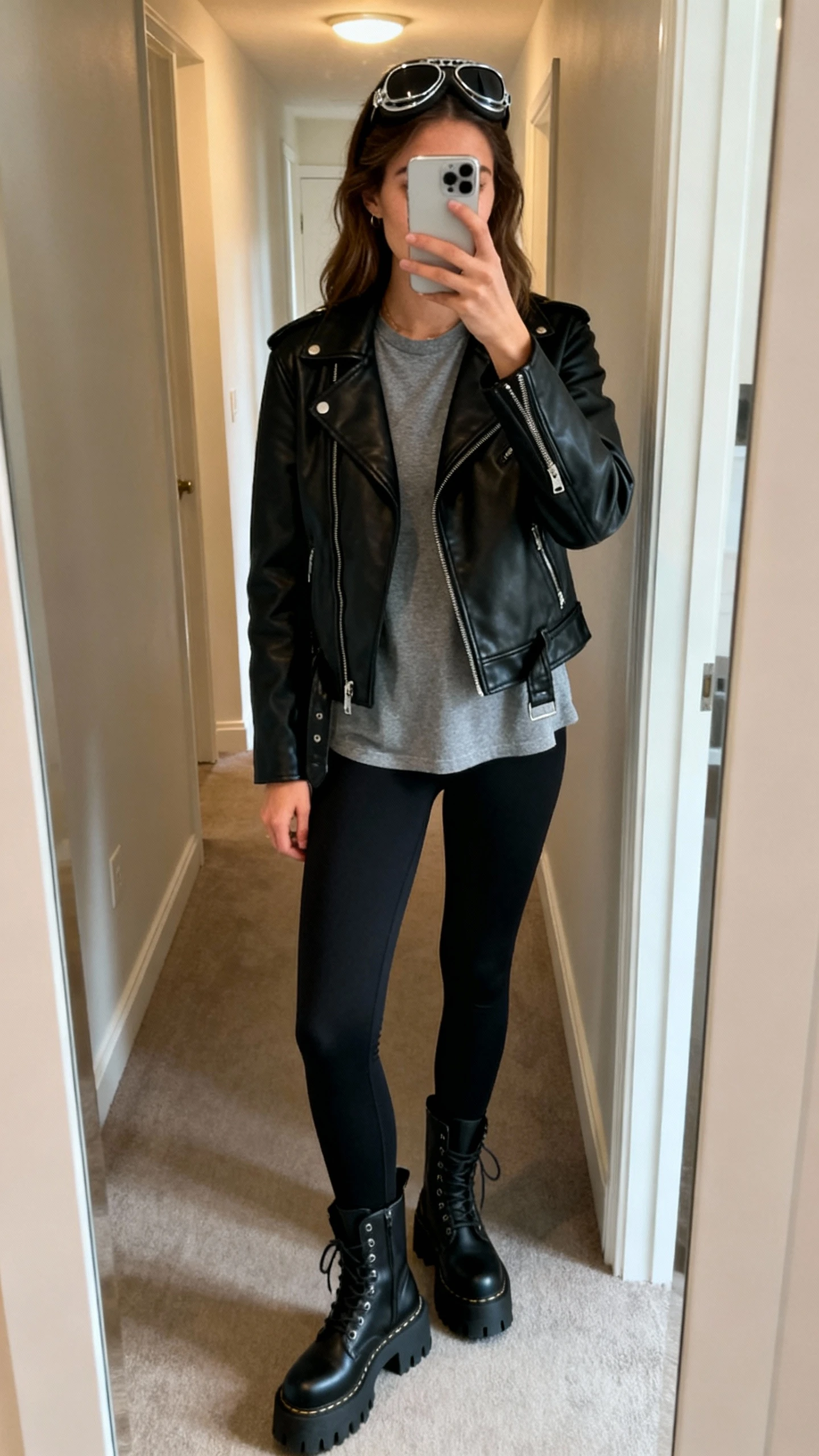 iPhone mirror selfie of a woman wearing black leggings, a black leather moto jacket over a grey tee, chunky black combat boots, and aviator-style sunglasses tucked on head, face not visible, cropped at shoulders, hallway mirror with indoor lighting, iPhone photo quality.