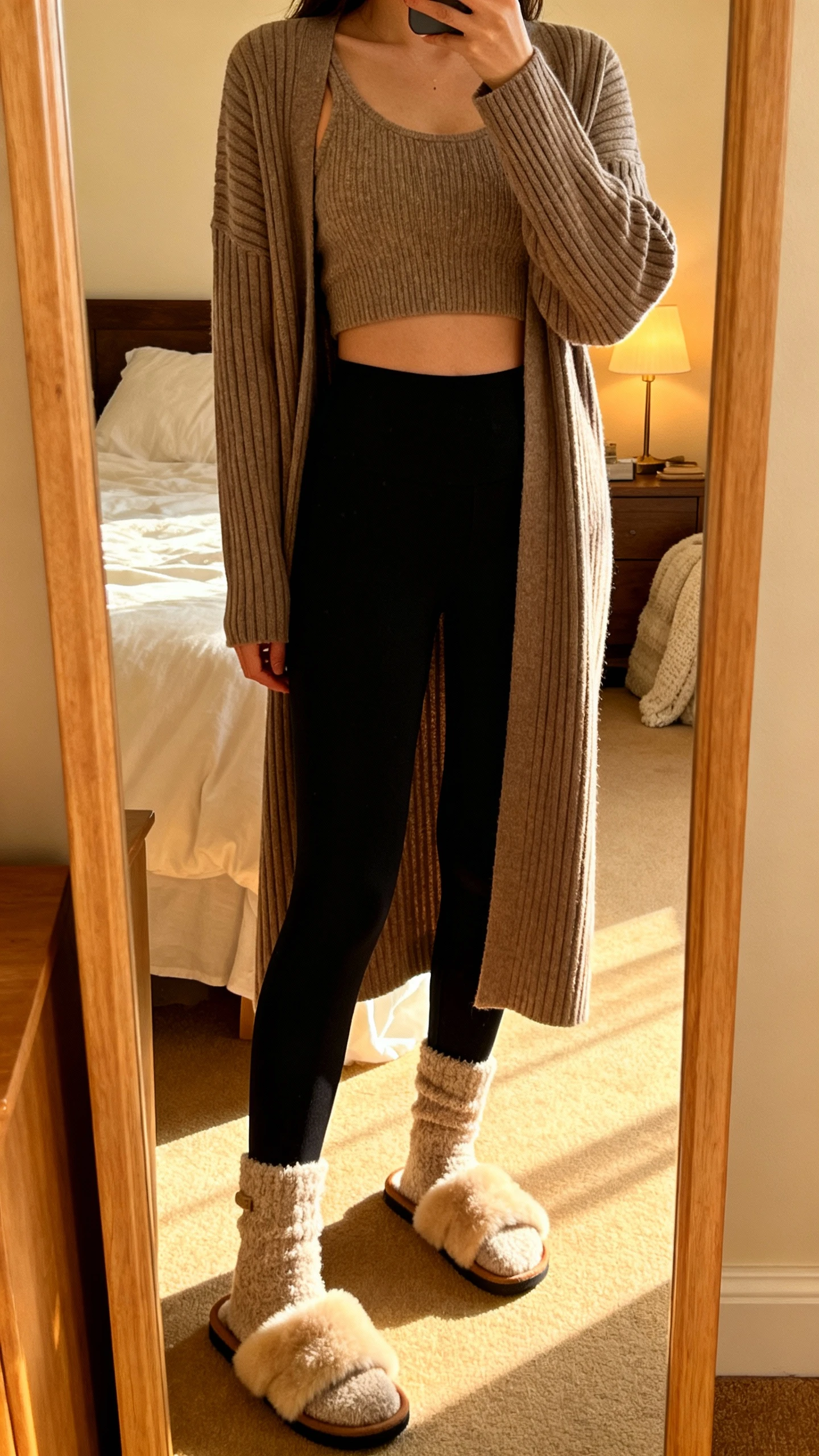 iPhone mirror selfie of a woman wearing black leggings, a long ribbed cardigan in taupe, a soft knit tank, fuzzy socks, and shearling-lined slides, face not visible, bedroom mirror with cozy warm indoor light, iPhone photo quality.