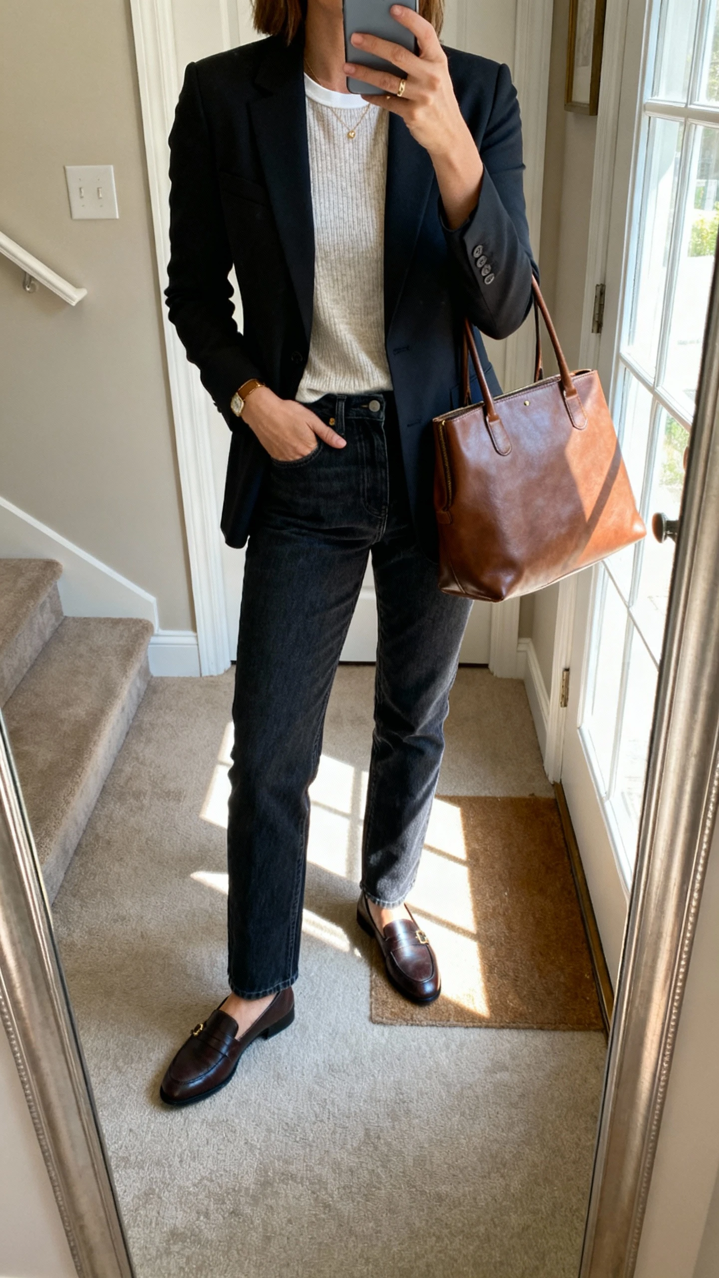 iPhone mirror selfie of a woman wearing dark-wash straight-leg jeans with a fitted blazer, tucked knit tee, loafers, and a leather tote, face not visible, cropped at shoulders, entryway mirror, natural window light, iPhone photo quality