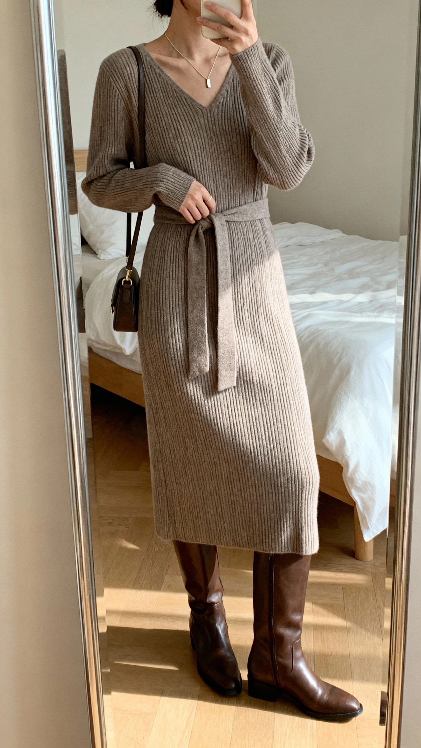 iPhone side-angle mirror selfie of a woman wearing a ribbed knit midi dress with a waist tie, knee-high leather boots, slim pendant necklace, and a small shoulder bag, face not visible, cropped at shoulders, bedroom mirror with natural daylight, iPhone photo quality.