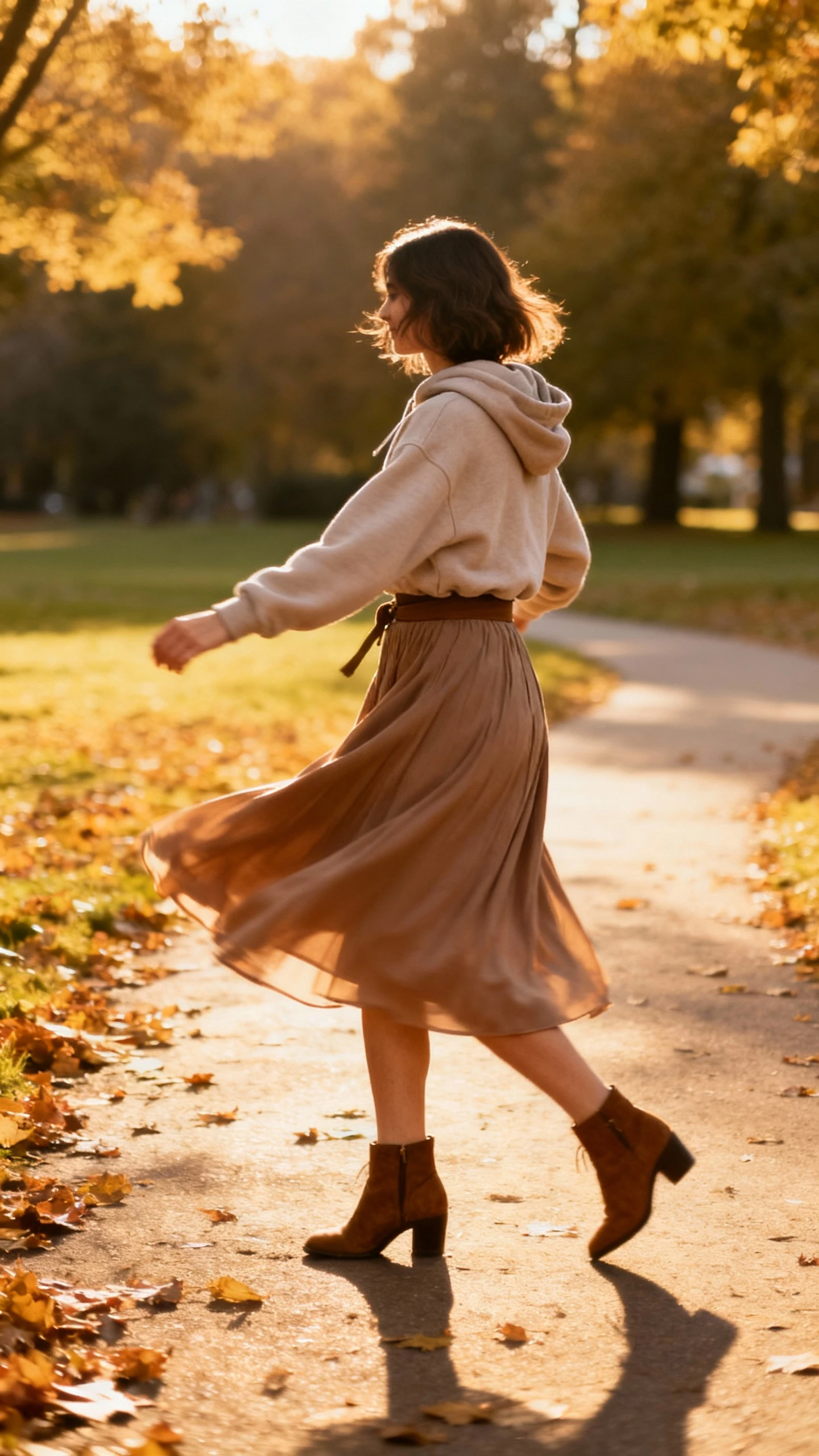 Lifestyle shot of a woman wearing a soft hoodie tucked into a flowy midi skirt and ankle boots, twirling on a park path with fallen leaves, face looking away, golden hour light, candid iPhone photo.