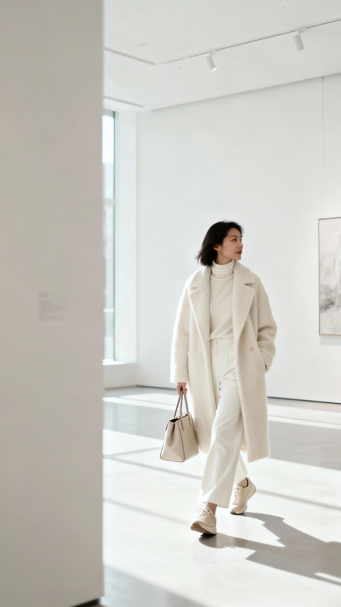 Minimal lifestyle photo of a woman in monochrome winter whites: cream wool coat, ivory turtleneck, off-white wide-leg trousers, bone sneakers, carrying a structured tote, walking through a bright gallery space, face looking away, natural daylight, iPhone photo quality.