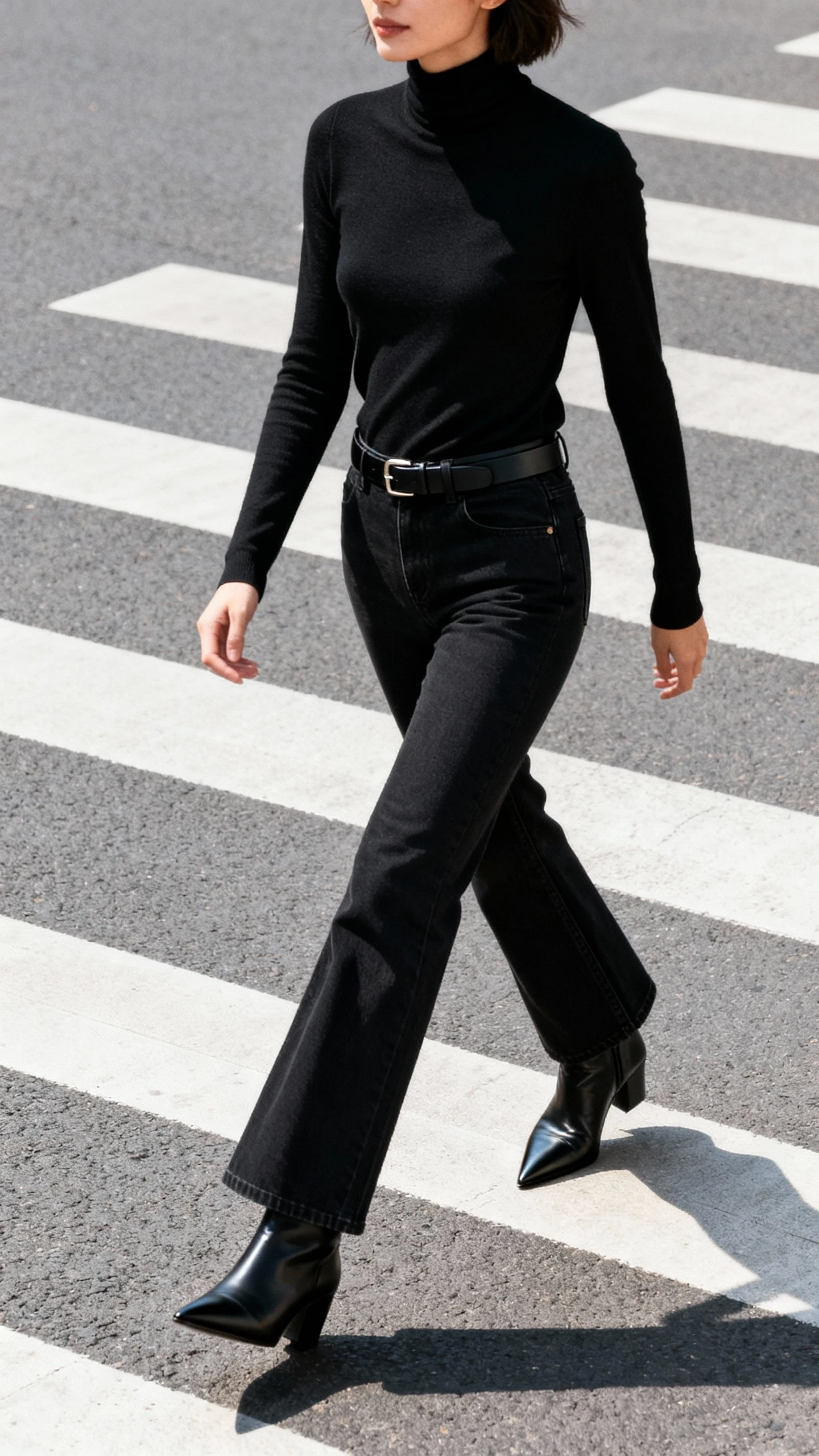 Minimalist lifestyle shot of a woman in black bootcut jeans, a black fitted turtleneck, black pointed boots, and a slim black belt with a simple buckle, striding across a crosswalk, face in shadow, clean lines, natural daylight, iPhone photo quality.