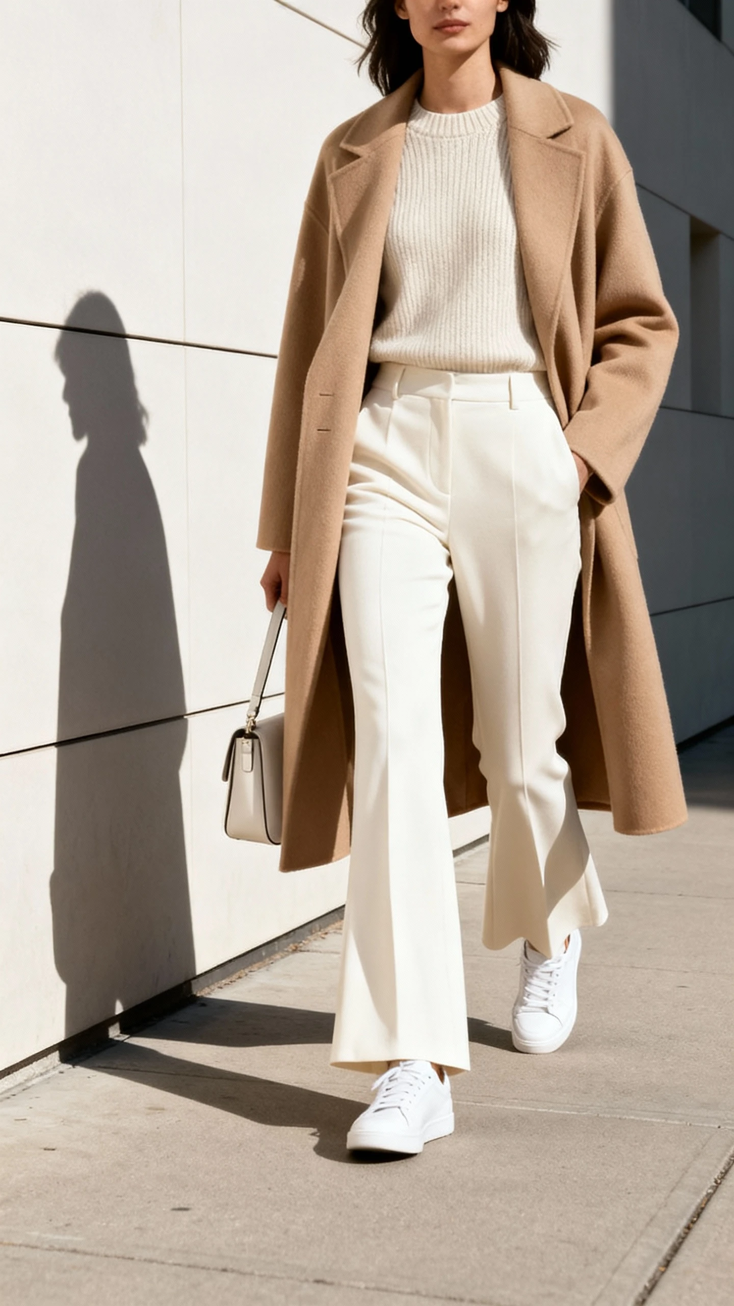 Minimalist street shot of a woman in monochrome cream: tailored flare trousers, matching knit top, and a long camel coat with clean white sneakers and a structured bag, walking along a modern sidewalk, face in shadow, soft daylight, iPhone photo quality.