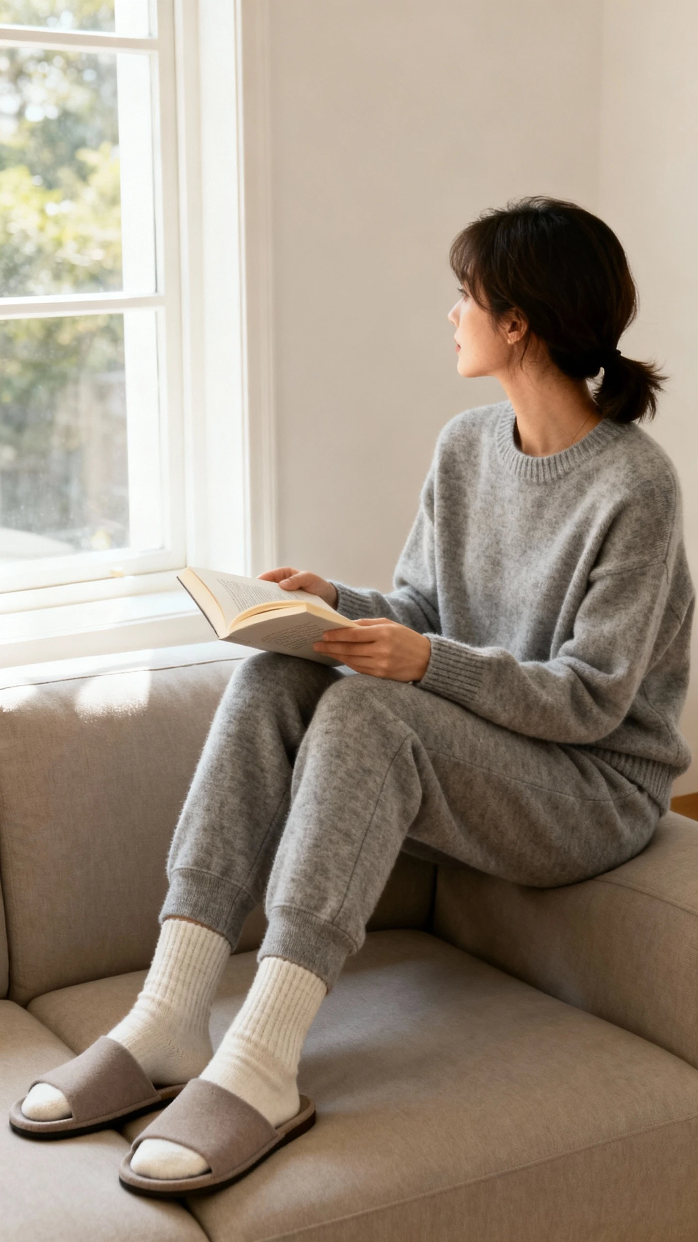 Natural at-home photo of a woman in a cashmere jogger set (matching sweater and joggers) with cozy socks and minimalist slides, sitting on a sofa with a book, face turned away, window light, iPhone photo quality, casual.