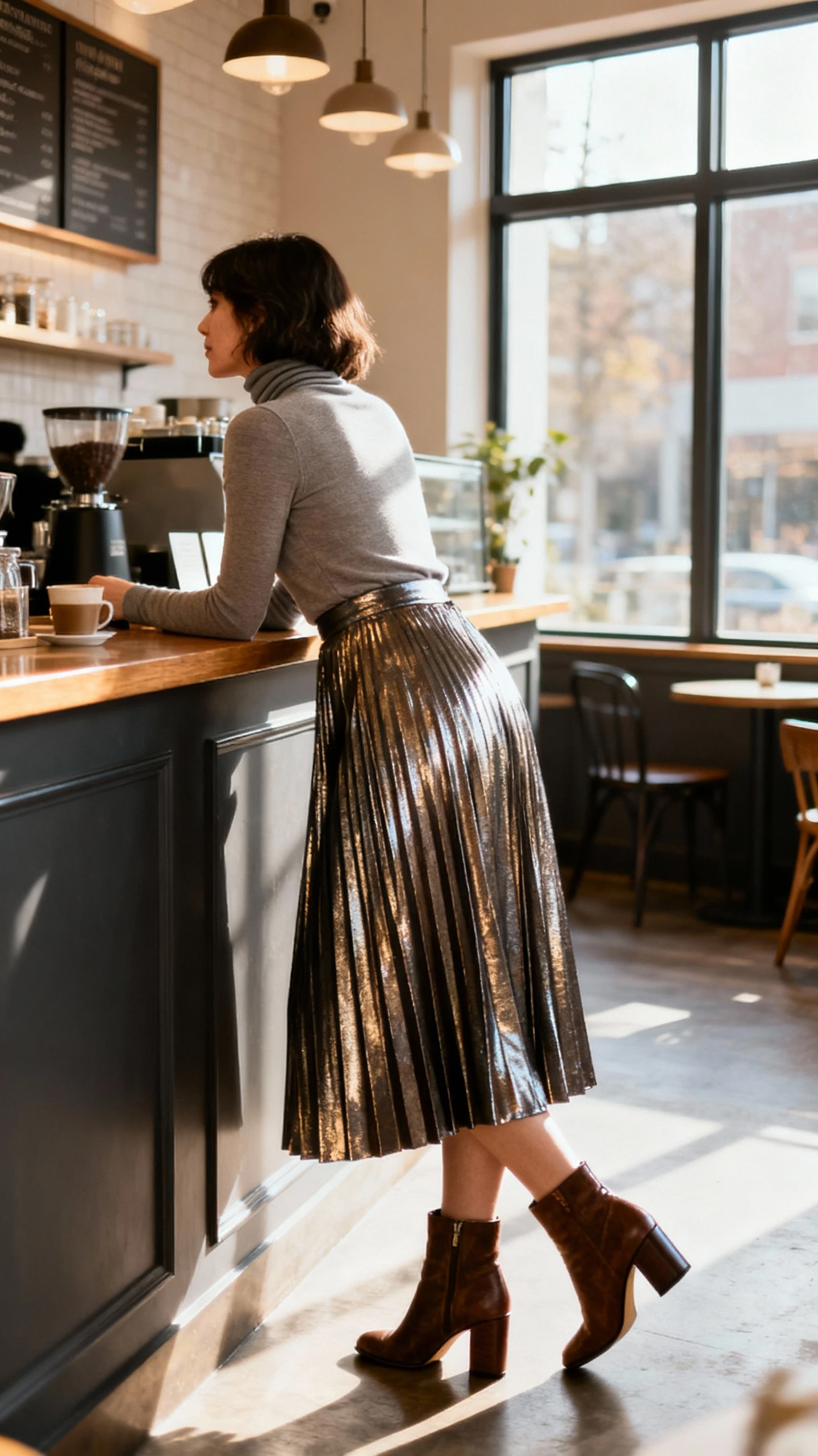 Natural lifestyle photo of a woman in a metallic pleated midi skirt with a fitted turtleneck and block-heel boots, leaning on a cafe counter, face looking away, warm window light, iPhone photo quality, genuine moment.