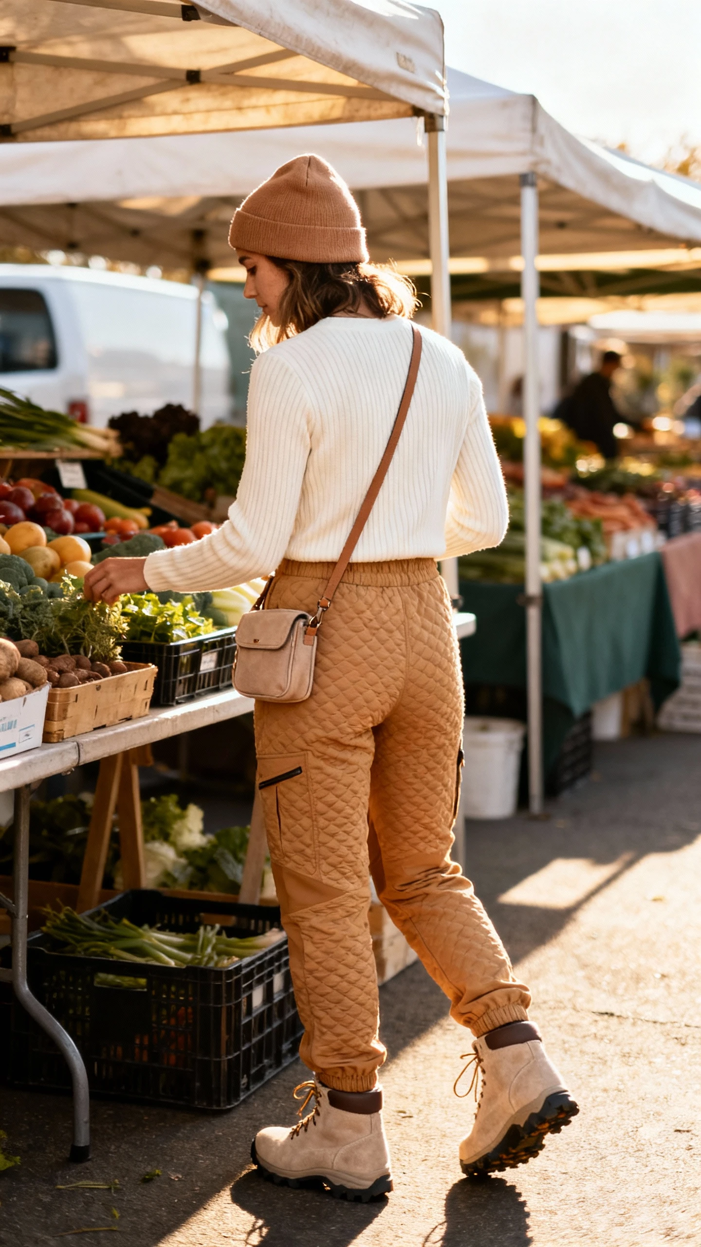 Natural lifestyle photo of a woman in a neutral-toned set: cream ribbed long-sleeve, tan textured trail pants, camel beanie, sand suede-like hiking boots, and a small crossbody pouch, browsing a farmers market, face turned away, golden afternoon light, iPhone photo quality.