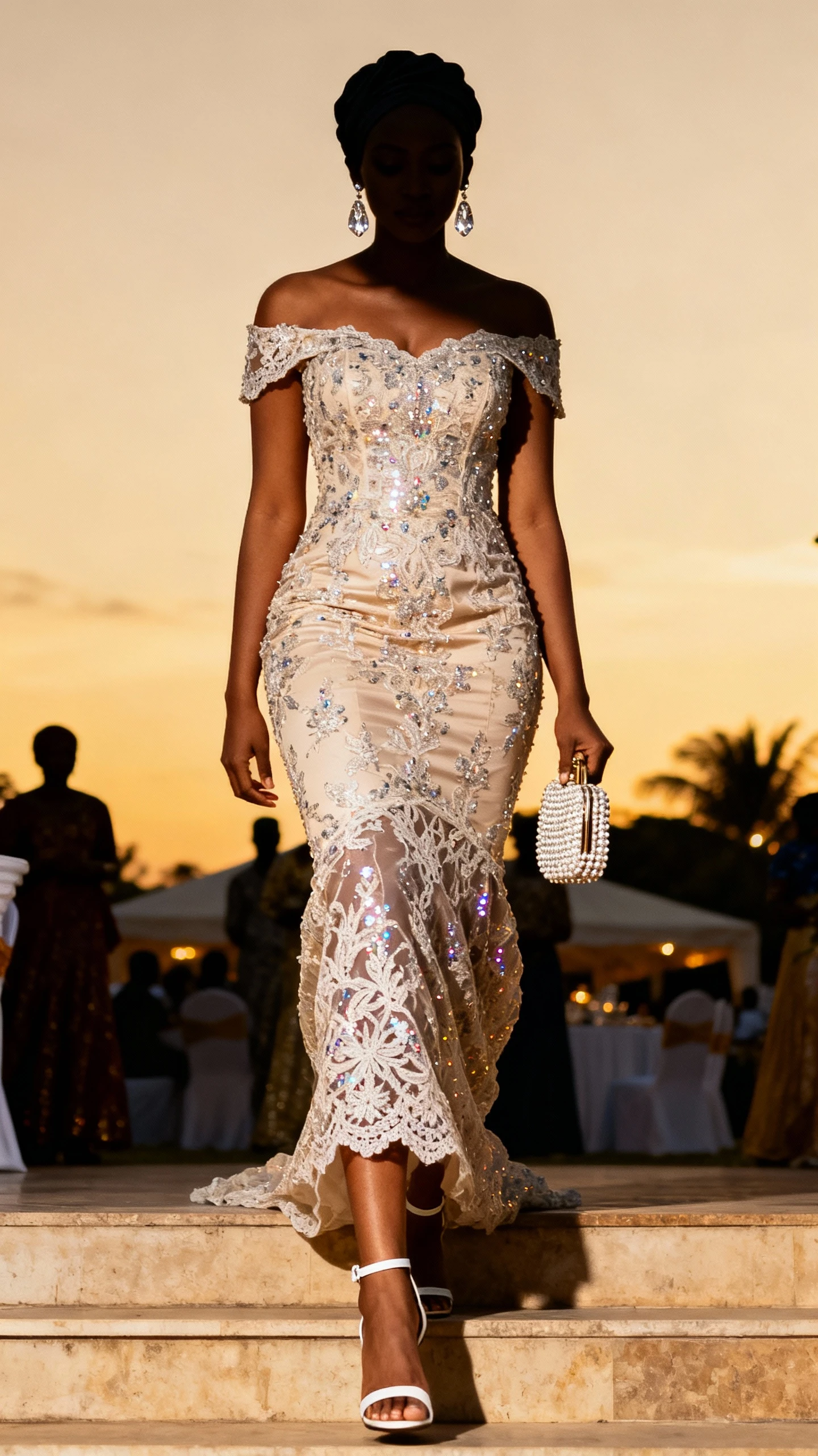 Natural lifestyle photo of a woman in an embellished lace/sequin Aso Ebi mermaid gown with an off-shoulder neckline, minimal ankle-strap heels, crystal drop earrings and a compact beaded evening clutch, optional gele headwrap, walking up venue steps at dusk, face in shadow, ambient evening light, iPhone photo quality.