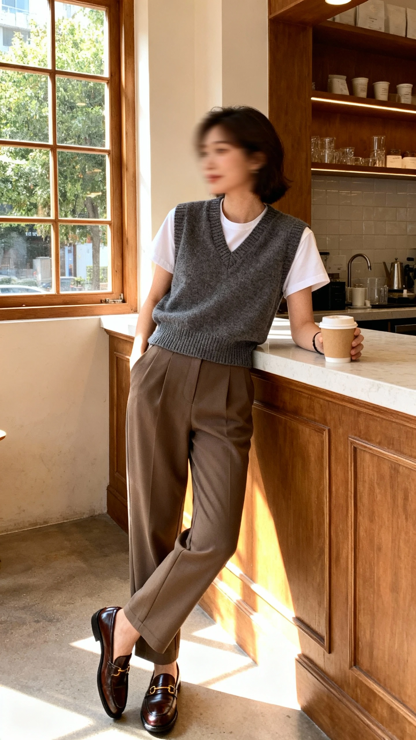 Natural lifestyle photo of a woman layering a sweater vest over a crisp tee with high-waist trousers and penny loafers, leaning on a cafe counter with a coffee, face slightly blurred, warm window light, iPhone casual aesthetic, unstaged.