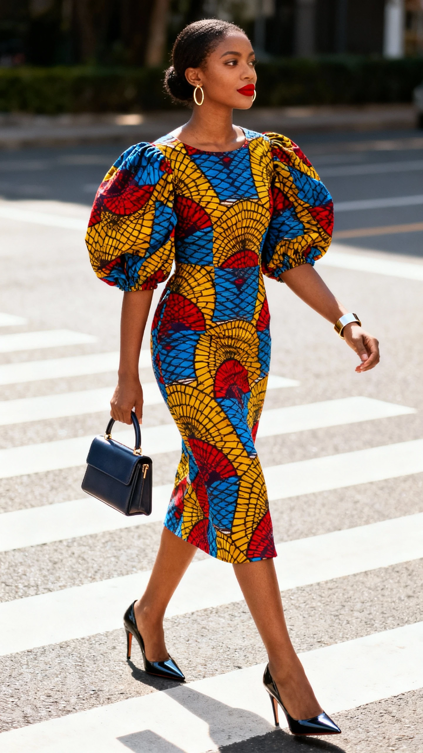 Natural lifestyle photo of a woman wearing a bold-print Ankara midi dress with voluminous puff sleeves, pointed-toe stiletto heels, a structured mini top-handle bag, minimalist gold hoops and a sleek cuff bracelet, soft-matte red or berry lip, walking across a sunlit crosswalk, face looking away, candid daylight, iPhone photo quality, unstaged.