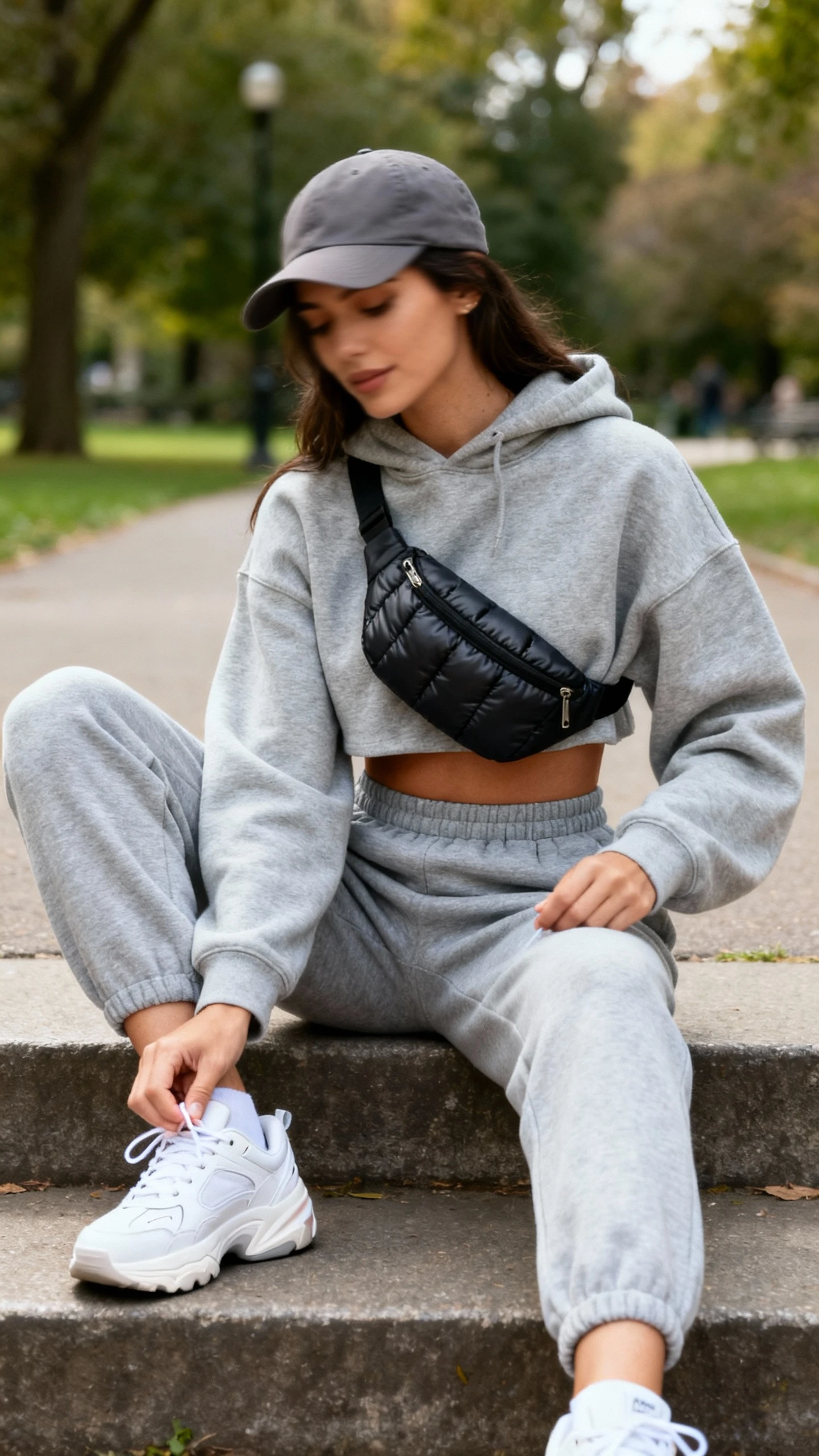 Natural lifestyle photo of a woman wearing a cozy heather-gray cropped hoodie, matching high-waisted joggers, white dad sneakers, baseball cap, and a puffer belt bag, sitting on park steps tying her shoe, face slightly blurred, soft daylight, iPhone photo quality.