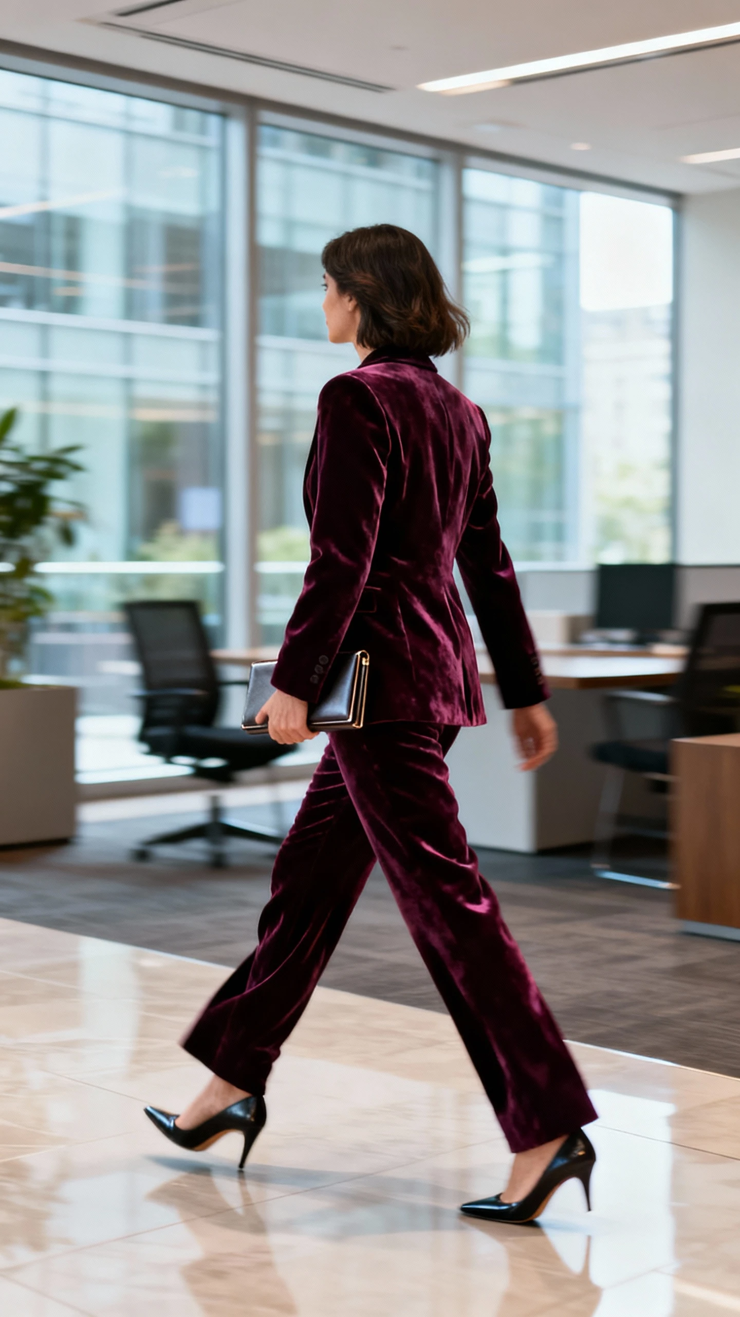 Natural lifestyle photo of a woman wearing a deep jewel-tone velvet power suit with a subtle sheen, pointed heels, and a slim clutch, striding through an office lobby, face looking away, candid motion blur, natural daylight from glass windows, iPhone photo quality, unstaged.
