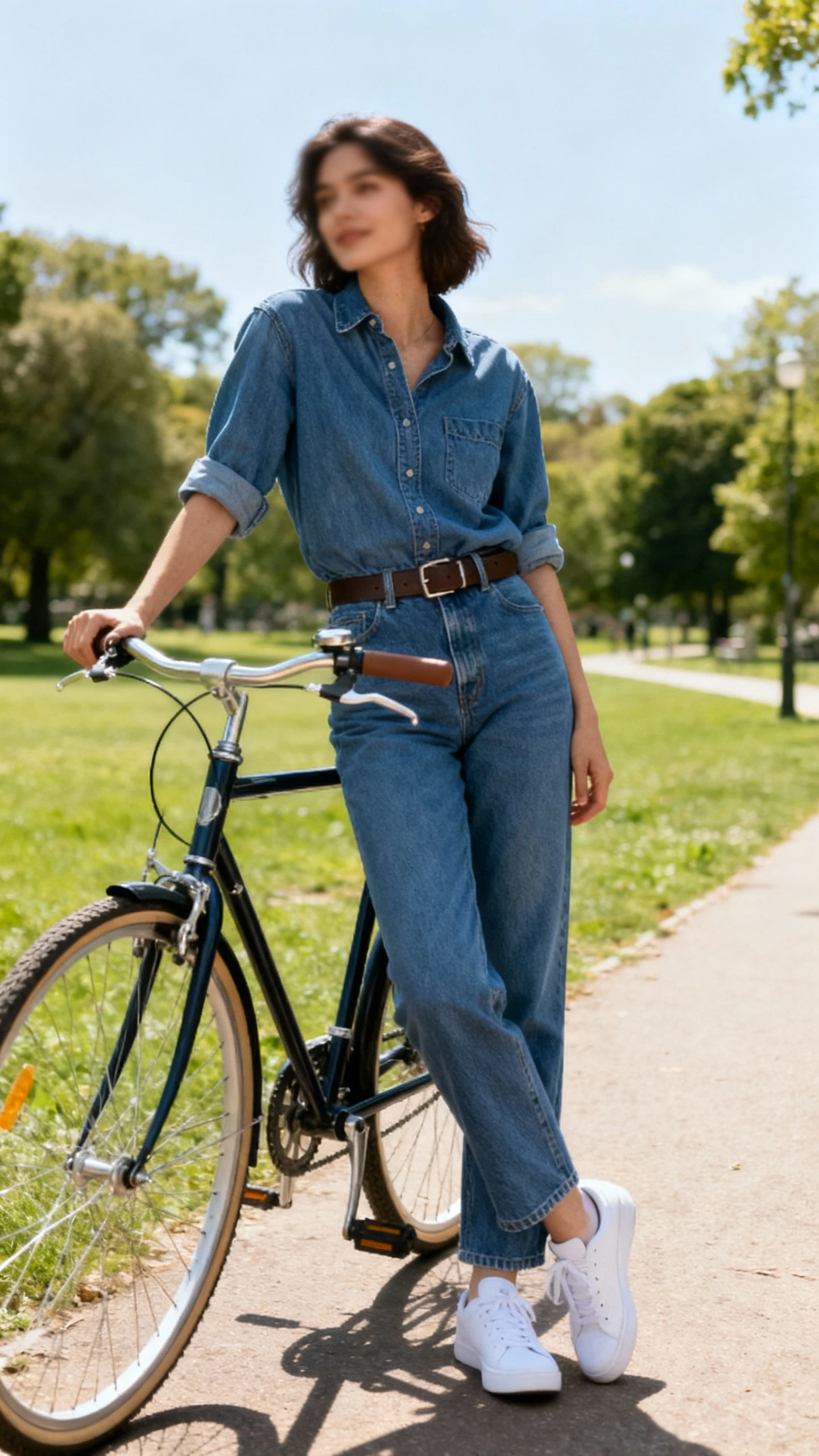 Natural lifestyle photo of a woman wearing a denim shirt and matching straight-leg jeans with white sneakers and a belt, leaning on a bike by a park path, face slightly blurred, bright daylight, iPhone photo quality, unstaged.