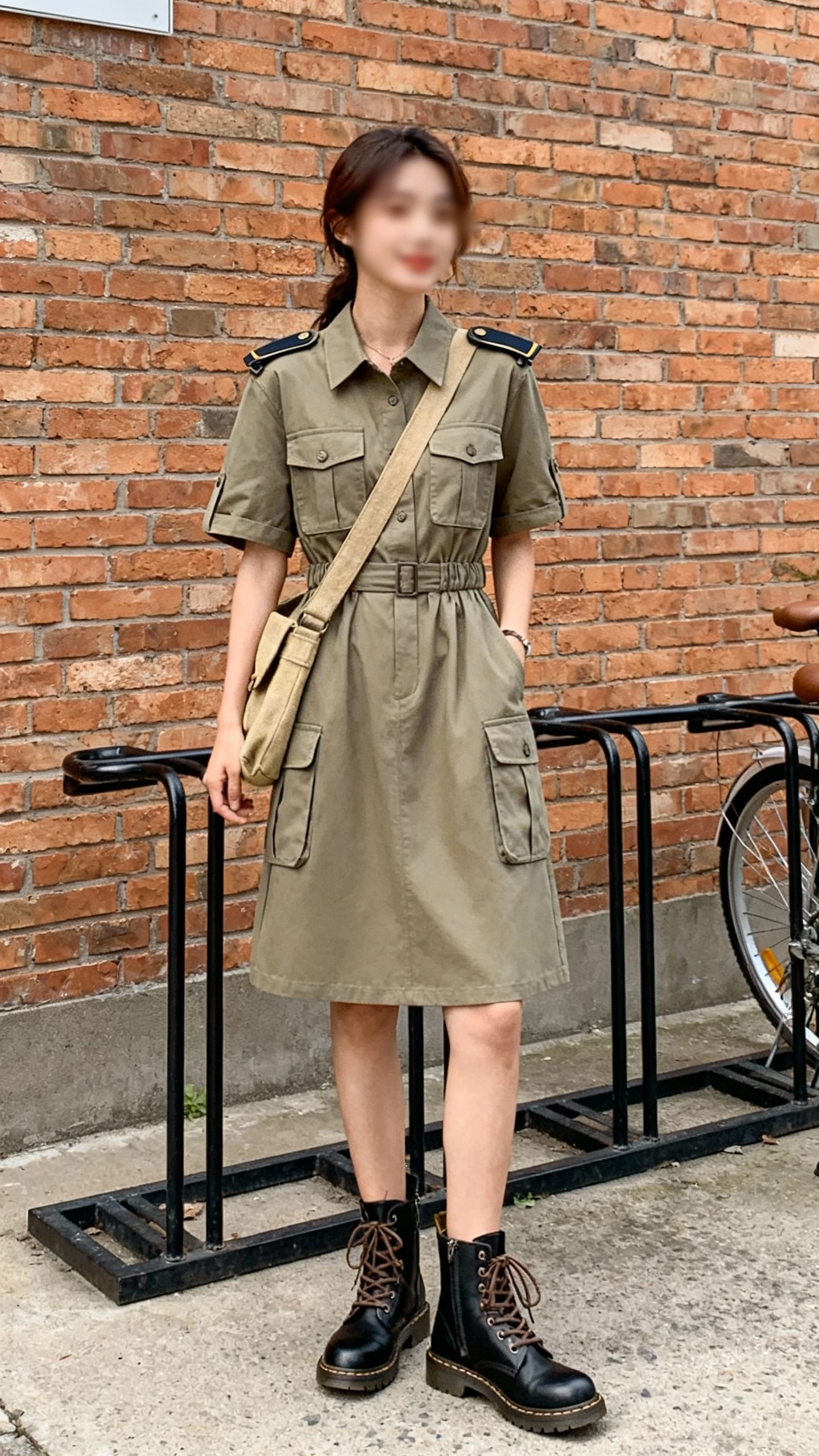 Natural lifestyle photo of a woman wearing a knee-length utility dress with cargo pockets, a cinched waist and epaulettes, lace-up ankle boots and a canvas crossbody, standing by a brick wall near a bike rack, face slightly blurred, daylight, casual iPhone aesthetic.