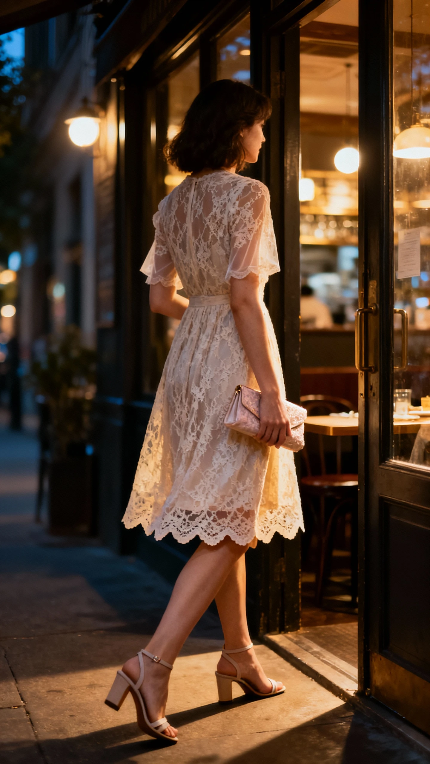 Natural lifestyle photo of a woman wearing a knee-length lace dress with scalloped hem and subtle sheer sleeves, delicate clutch and mid-heel sandals, stepping out of a dimly lit restaurant into evening light, face turned away, ambient street glow, iPhone photo quality.