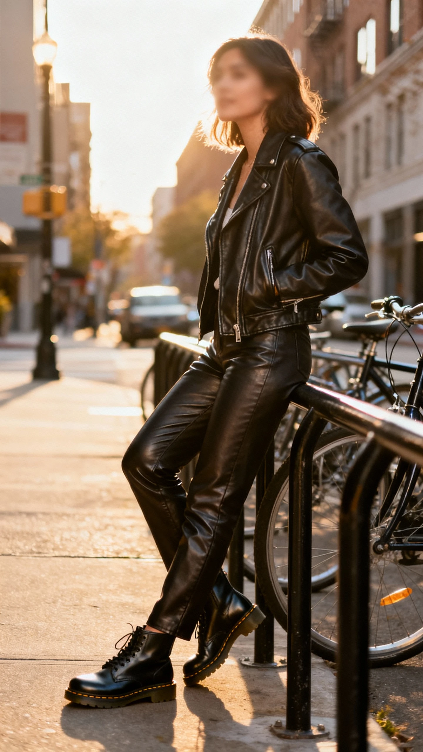 Natural lifestyle photo of a woman wearing a leather moto jacket with straight-leg leather pants and sleek Dr. Martens, leaning against a bike rack downtown, face slightly blurred, late afternoon light, iPhone photo quality.
