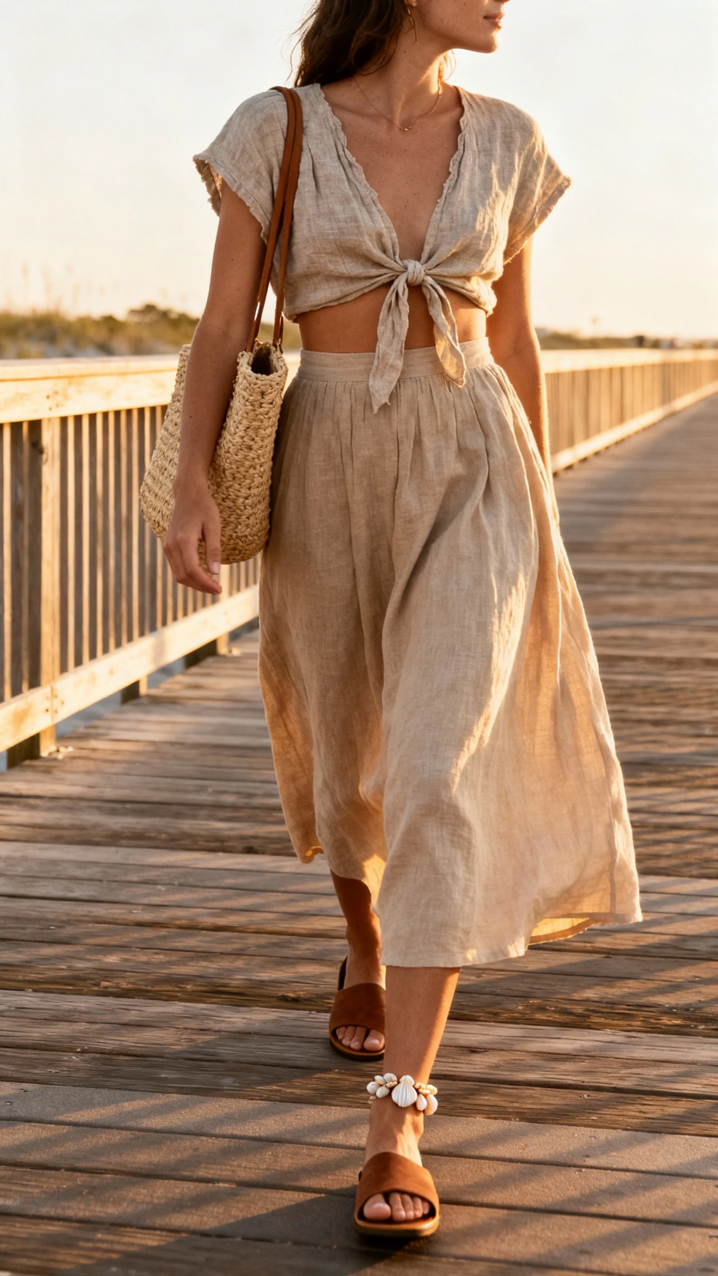 Natural lifestyle photo of a woman wearing a linen tie-front crop top, flowy midi skirt in sand, flat leather slides, raffia tote, and layered shell anklet, strolling along a boardwalk at golden hour, face looking away, warm daylight, iPhone photo quality, unstaged.
