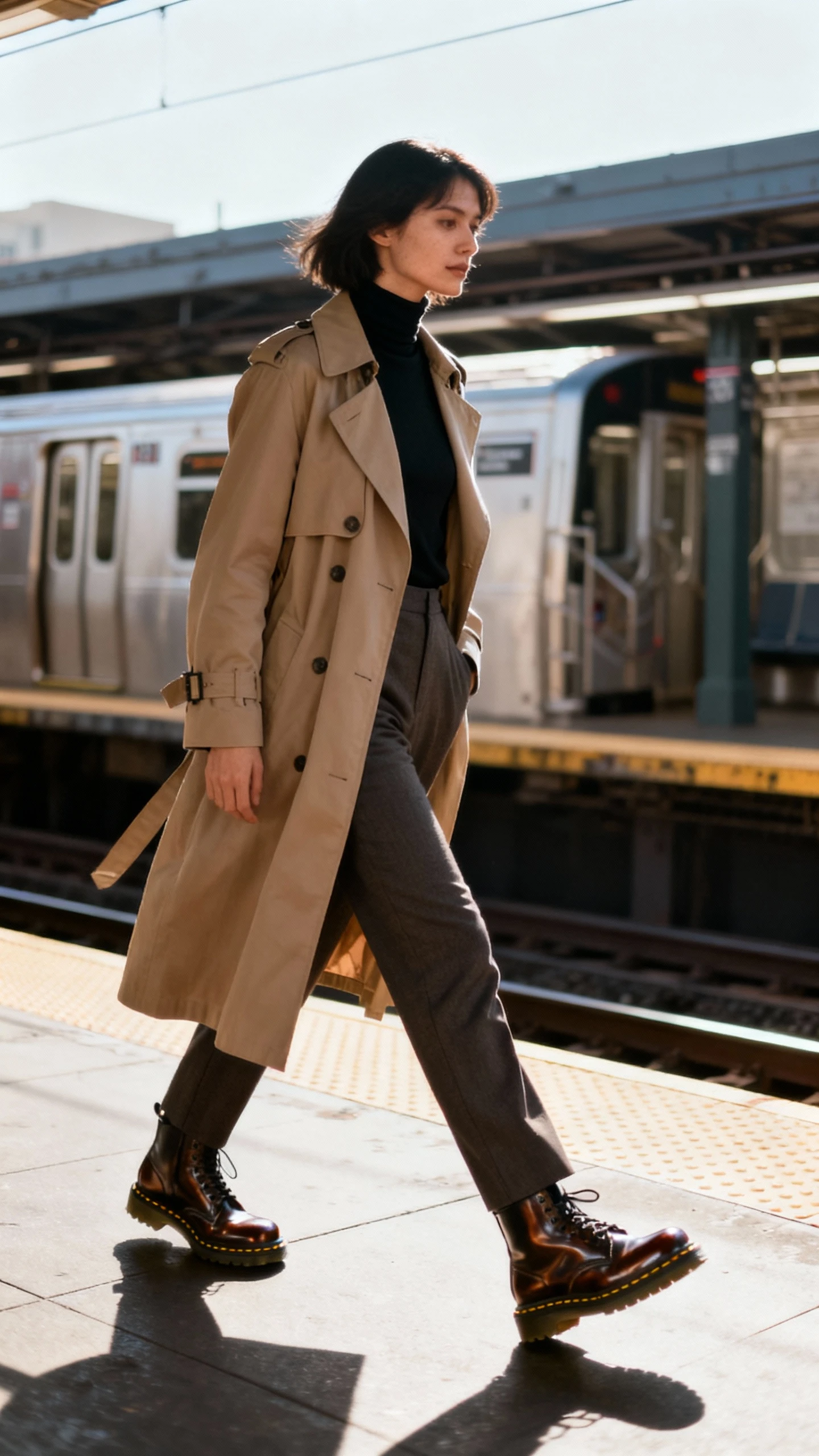 Natural lifestyle photo of a woman wearing a long trench coat over a minimal black turtleneck and tailored trousers with polished Dr. Martens, stepping onto a metro platform, face in shadow, soft morning light, iPhone photo quality.