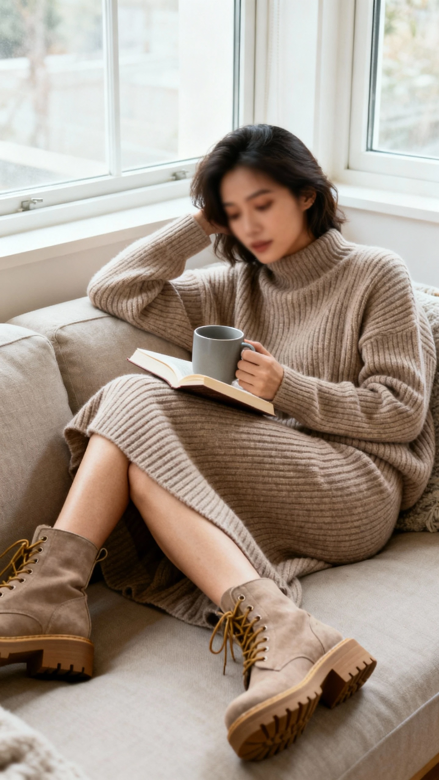 Natural lifestyle photo of a woman wearing a ribbed knit sweater and matching knit midi skirt with chunky boots, curled up on a sofa with a mug and book, face slightly blurred, cozy window light, iPhone photo quality, unstaged.