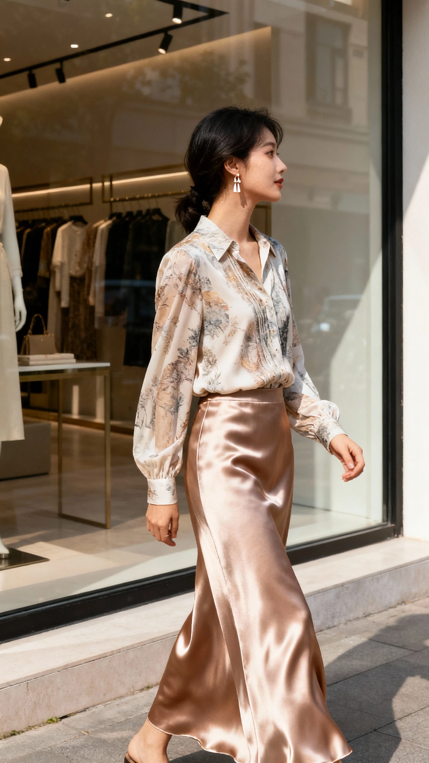 Natural lifestyle photo of a woman wearing a satin maxi skirt and a statement blouse with delicate earrings, walking past boutique windows, face looking away, soft daylight, iPhone photo quality, unstaged.