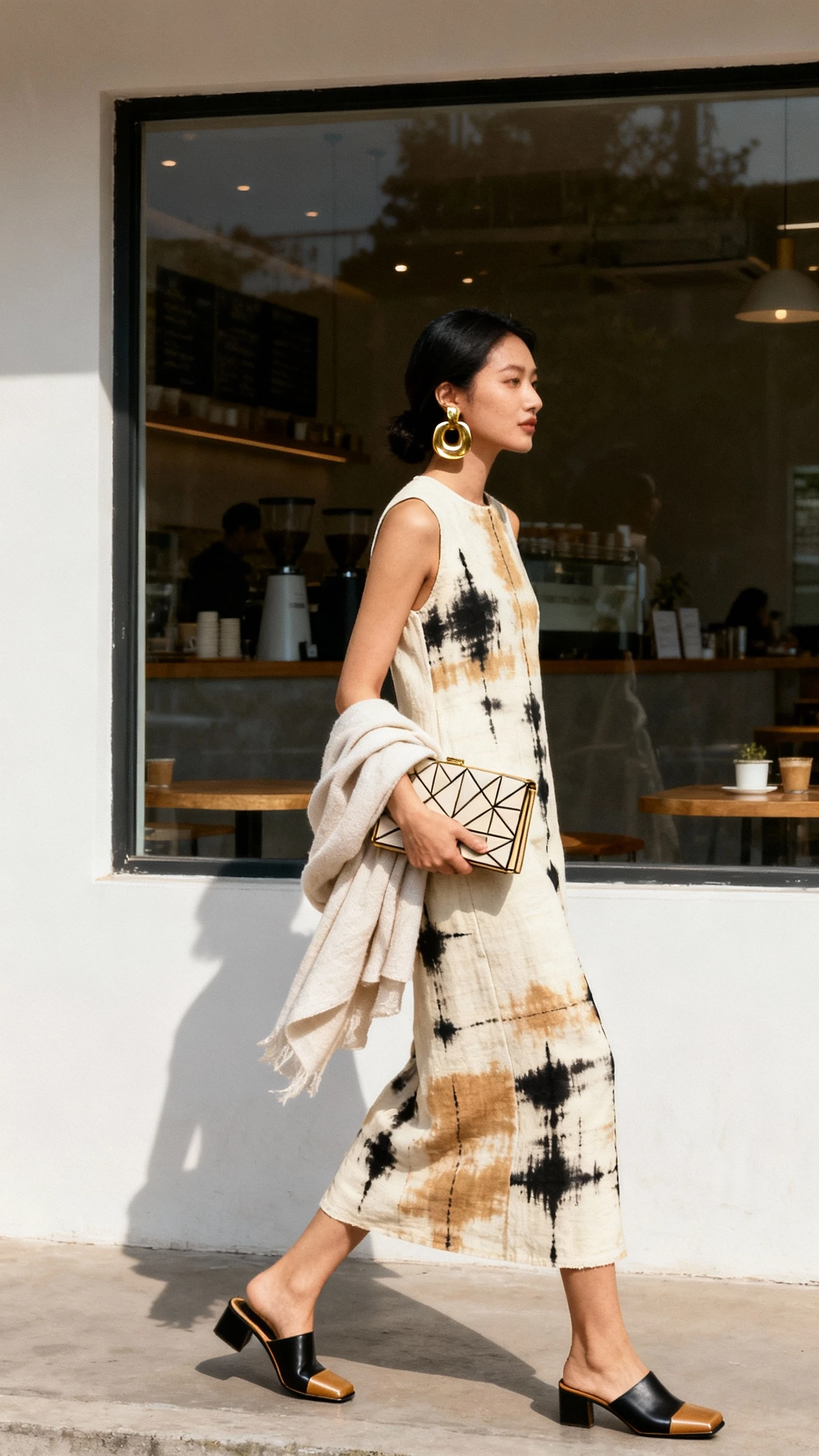 Natural lifestyle photo of a woman wearing a sleeveless mud cloth column dress in cream/tan/black patterns, square-toe mules, sculptural brass earrings, an architectural clutch, and a light shawl over one arm, walking past a minimalist cafe window, face in soft shadow, natural daylight, iPhone photo quality.