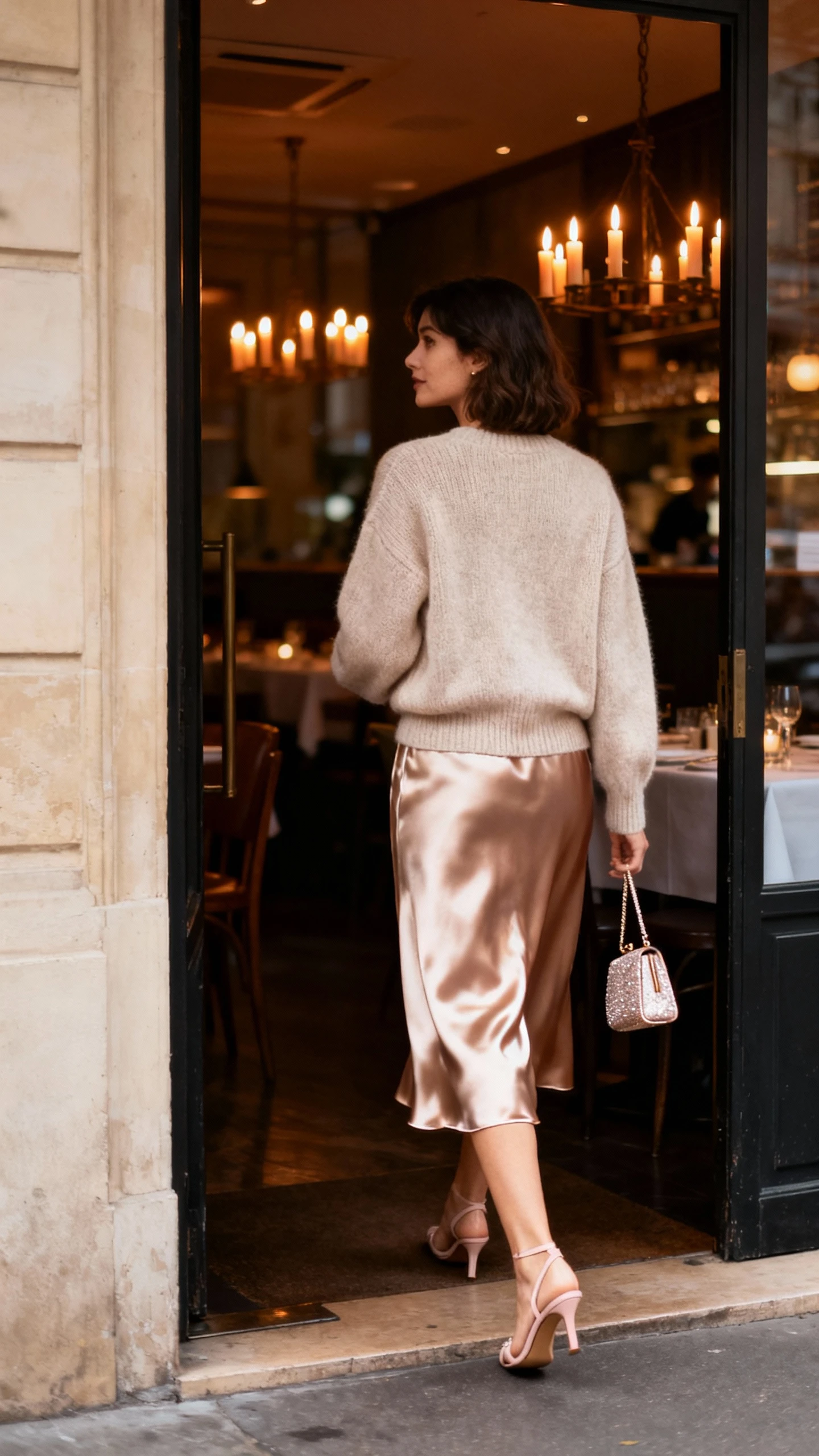 Natural lifestyle photo of a woman wearing a soft cashmere sweater, satin midi skirt, delicate heels, and a small evening bag, stepping into a candlelit restaurant doorway, face looking away, warm ambient light, iPhone photo quality, unstaged.