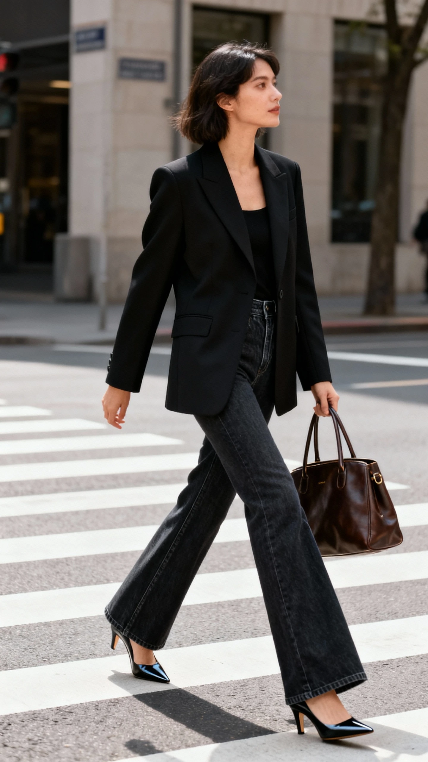 Natural lifestyle photo of a woman wearing a structured black power blazer, dark-wash high-rise flare jeans, pointed-toe heels, and a leather tote, striding across a downtown crosswalk, face looking away, natural daylight, iPhone photo quality, unstaged.
