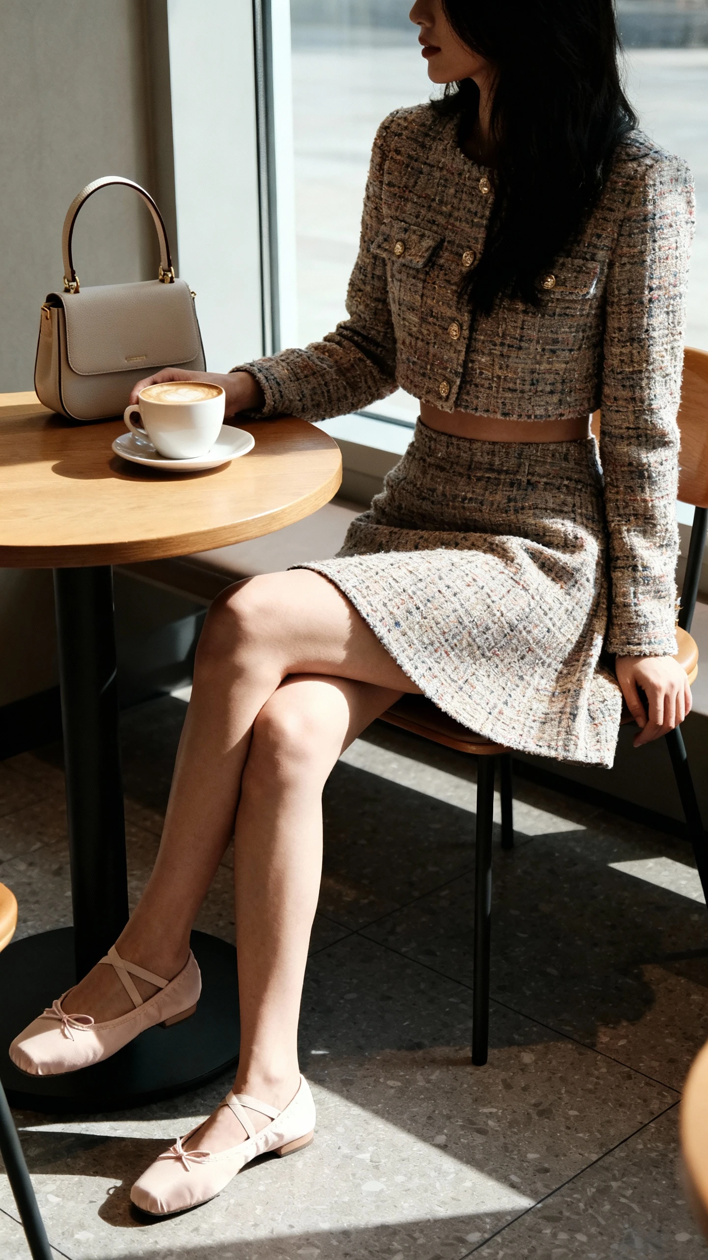 Natural lifestyle photo of a woman wearing a tweed cropped jacket and matching A-line mini skirt with ballet flats and a top-handle bag, sitting at a cafe table with coffee, face in shadow, soft window light, iPhone photo quality, unstaged.